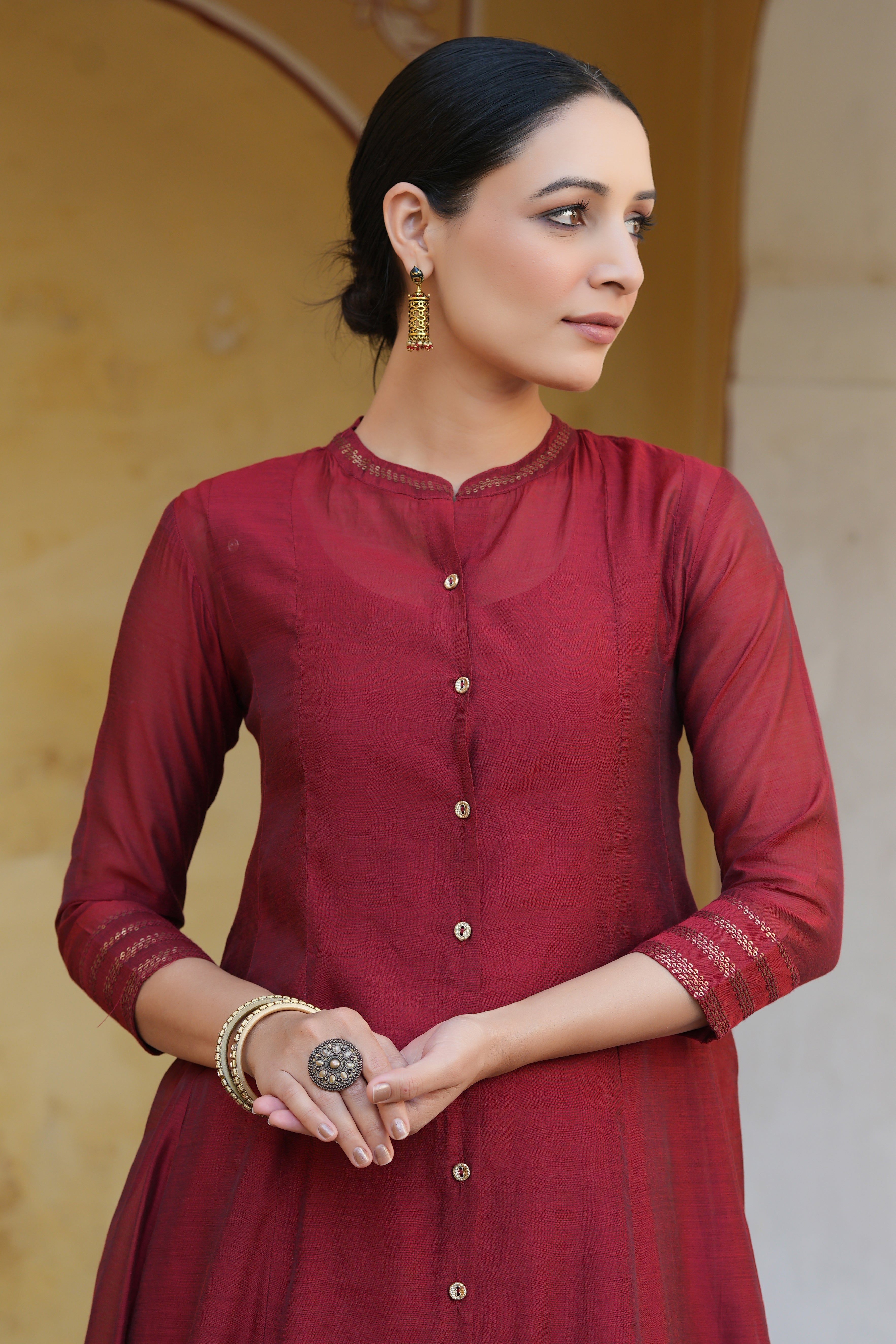 Juniper Maroon Solid Chanderi Kalidar A-line Women Kurta With Buttons