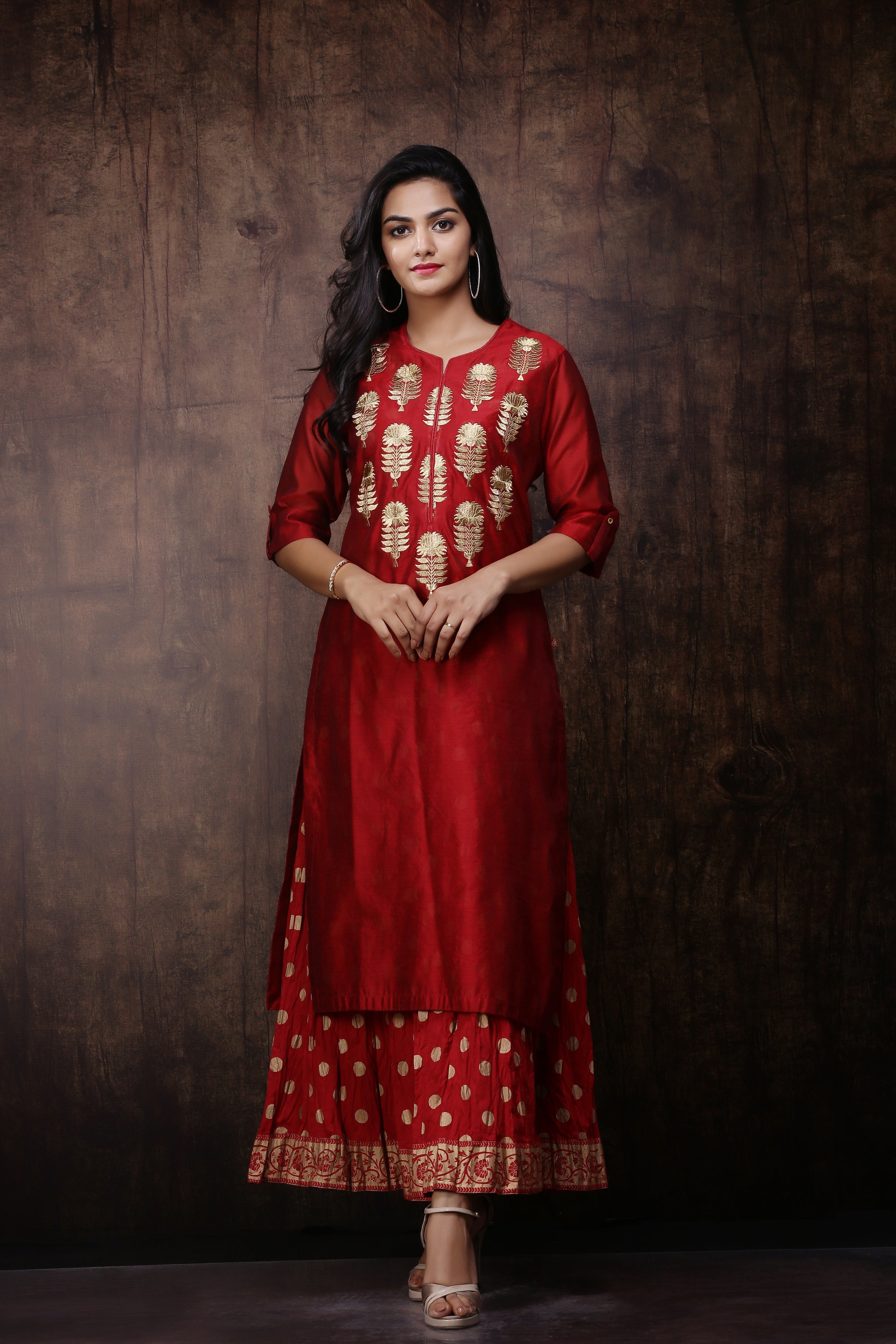 Juniper Maroon Chanderi Ethnic Motif Printed Layered Maxi Dress With Zari Work Embroidery