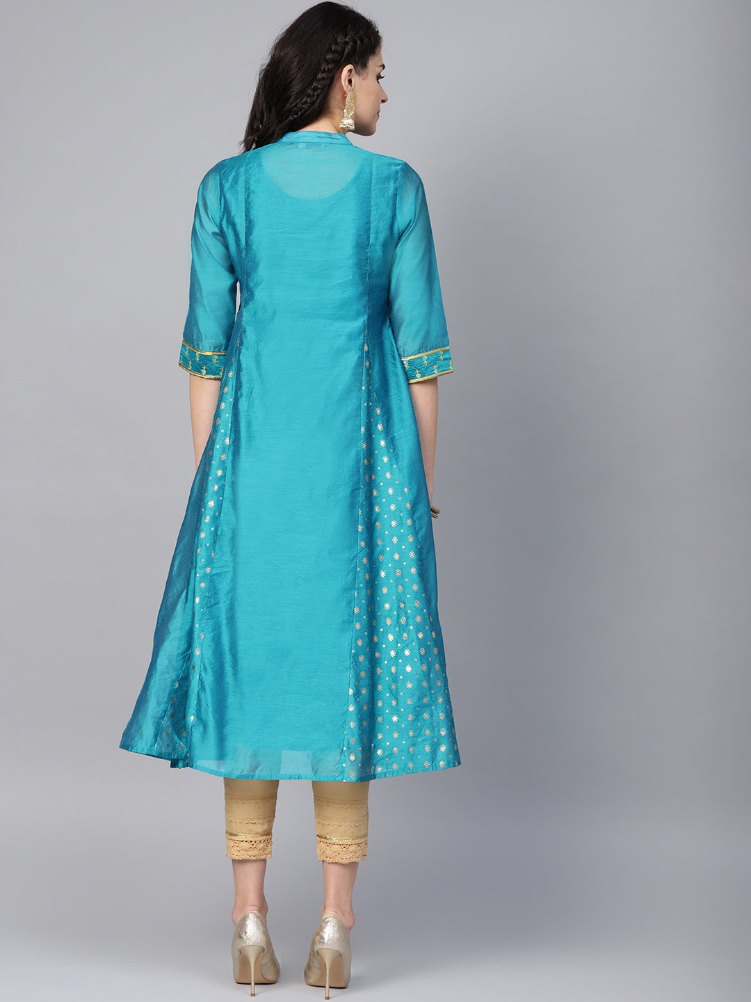 Juniper Teal Chanderi Ethnic Motif Printed with Embroidery Anarkali Women Kurta With Buttons