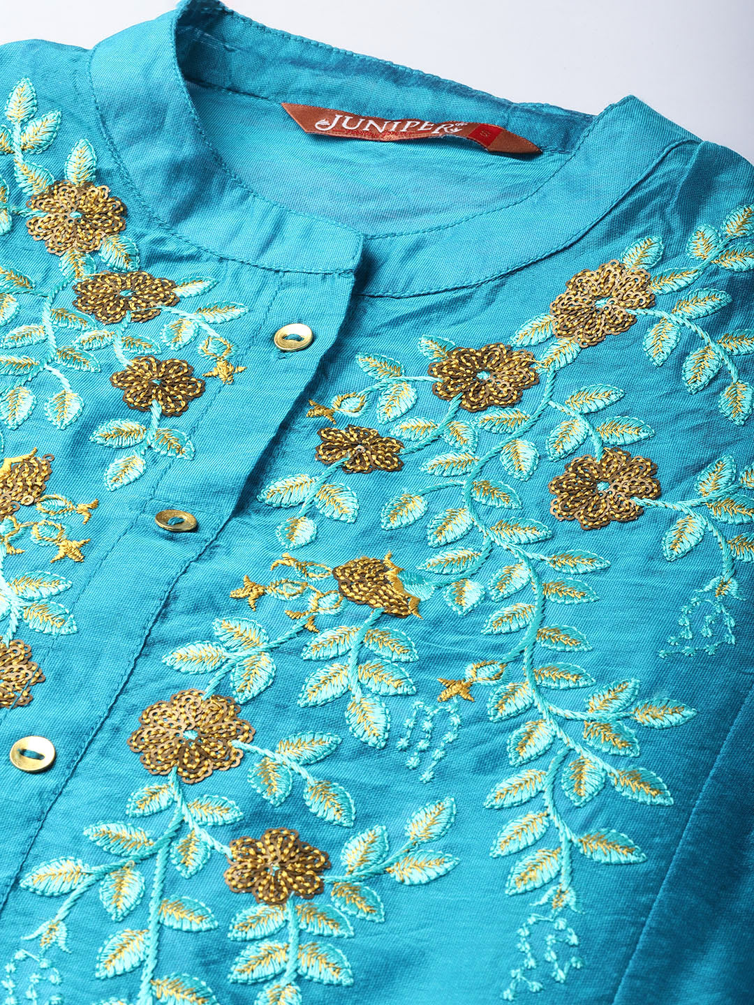 Juniper Teal Chanderi Ethnic Motif Printed with Embroidery Anarkali Women Kurta With Buttons