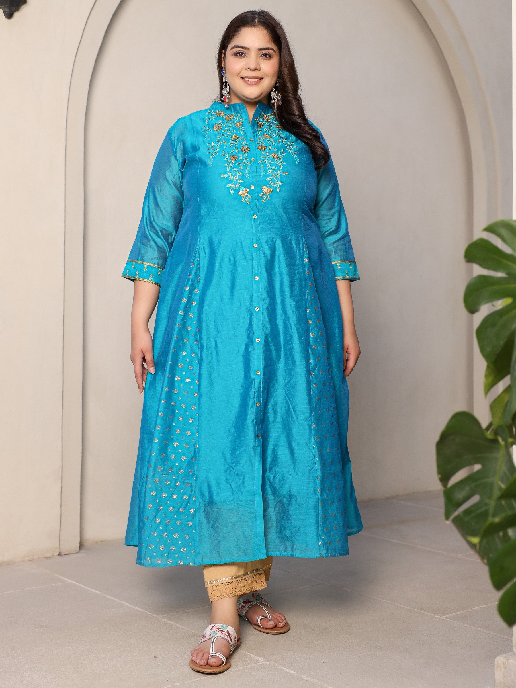 Juniper Teal Chanderi Ethnic Motif Printed with Embroidery Anarkali Women Kurta With Buttons