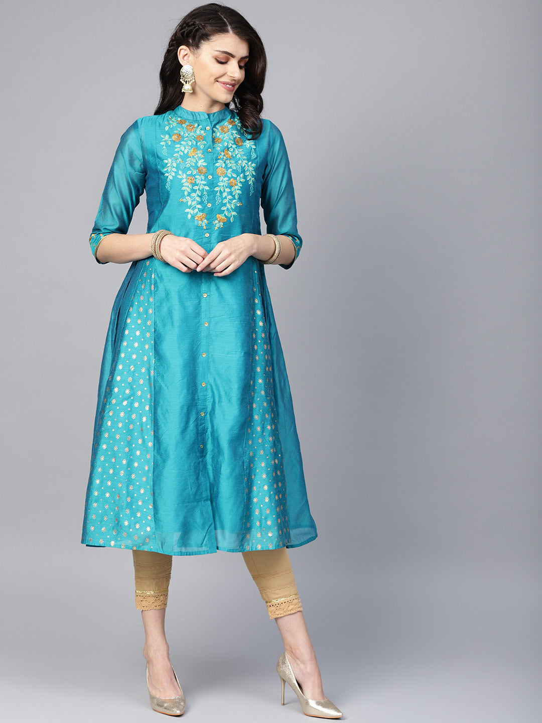 Juniper Teal Chanderi Ethnic Motif Printed with Embroidery Anarkali Women Kurta With Buttons
