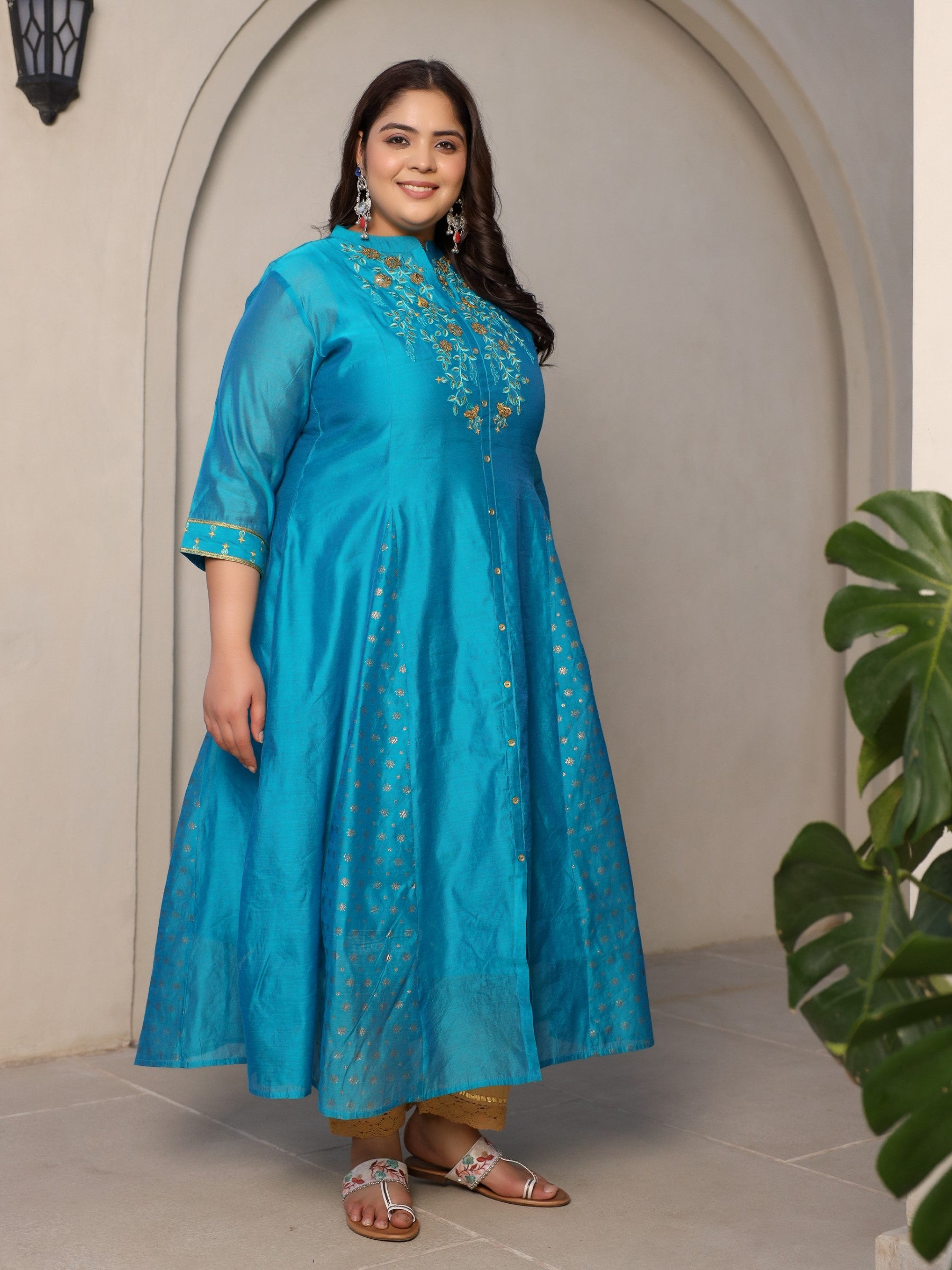 Juniper Teal Chanderi Ethnic Motif Printed with Embroidery Anarkali Women Kurta With Buttons