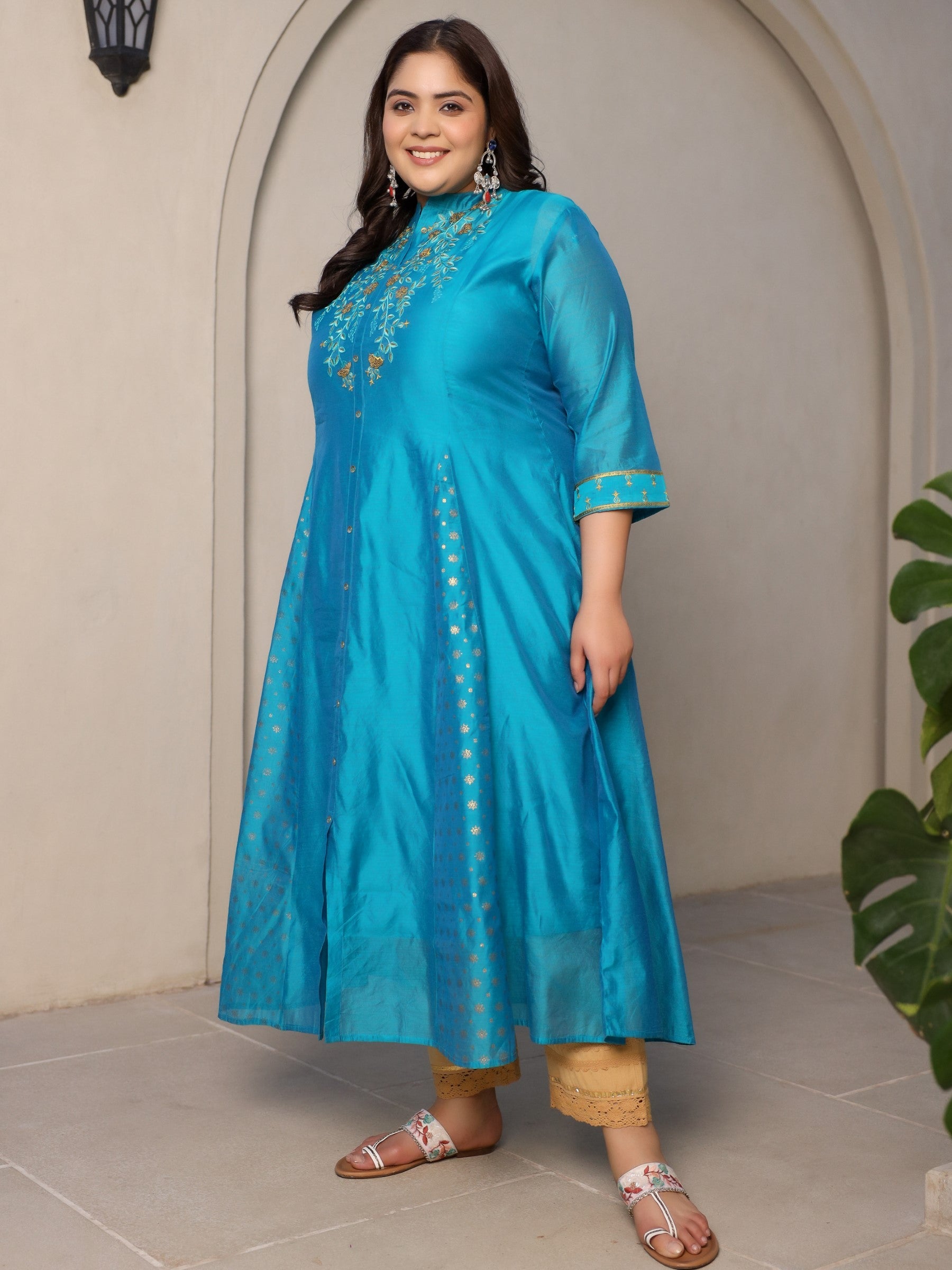 Juniper Teal Chanderi Ethnic Motif Printed with Embroidery Anarkali Women Kurta With Buttons