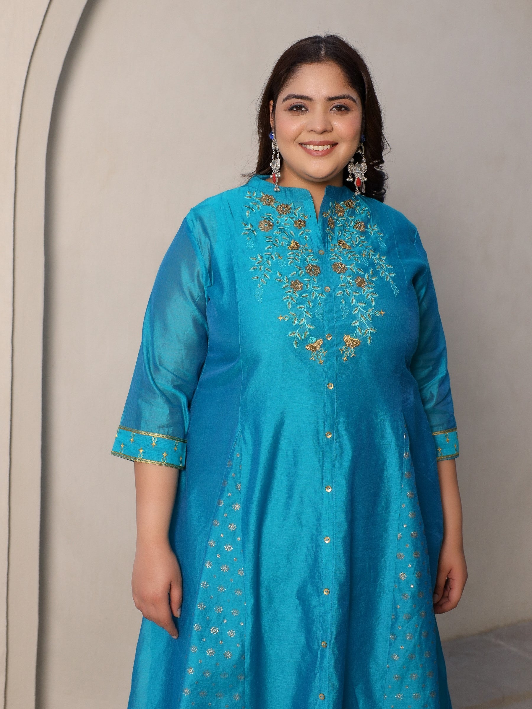 Juniper Teal Chanderi Ethnic Motif Printed with Embroidery Anarkali Women Kurta With Buttons