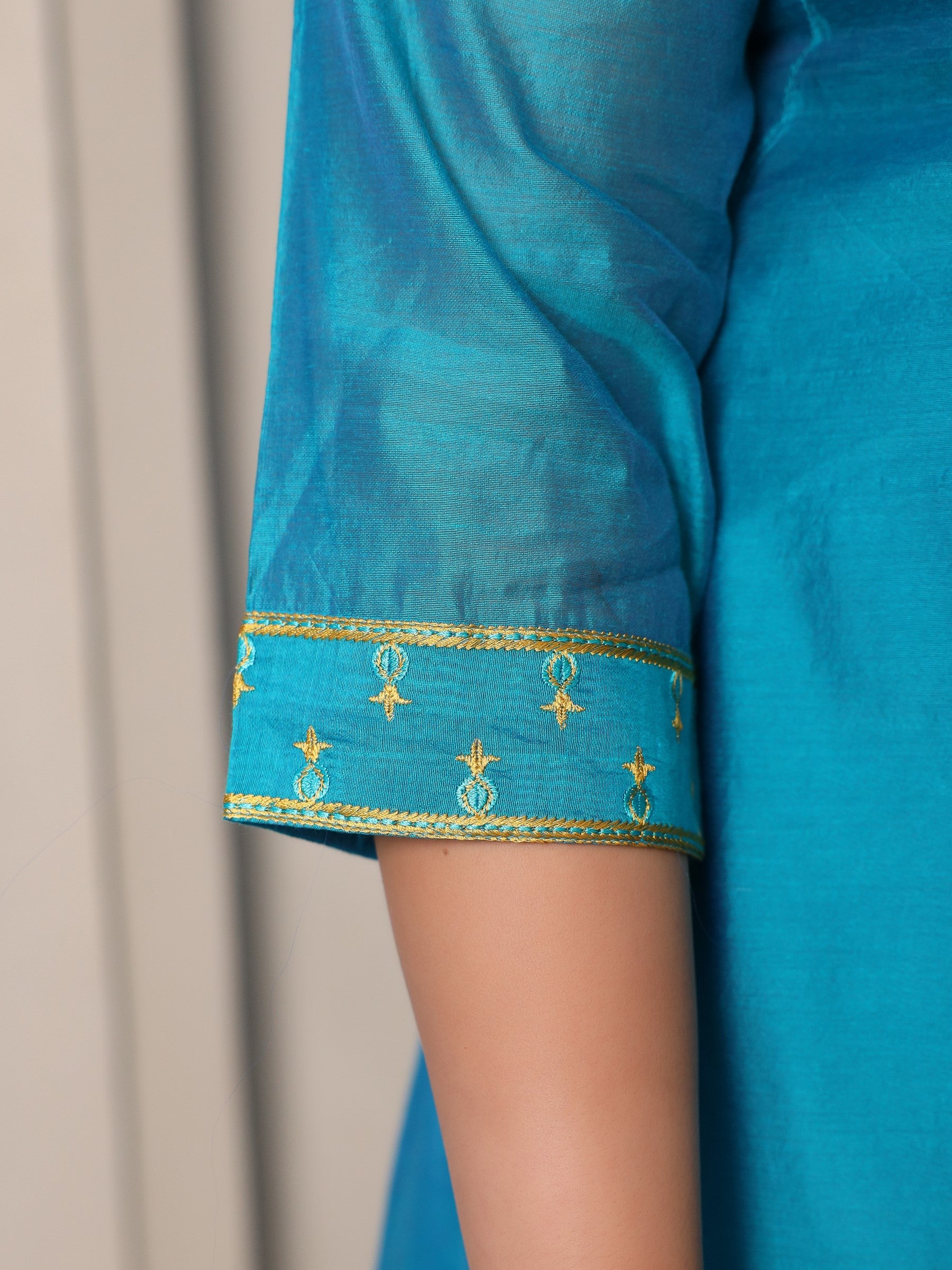 Juniper Teal Chanderi Ethnic Motif Printed with Embroidery Anarkali Women Kurta With Buttons