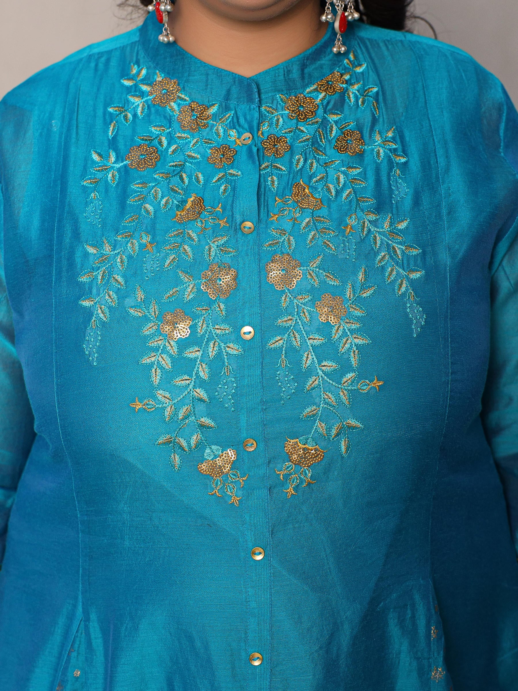 Juniper Teal Chanderi Ethnic Motif Printed with Embroidery Anarkali Women Kurta With Buttons