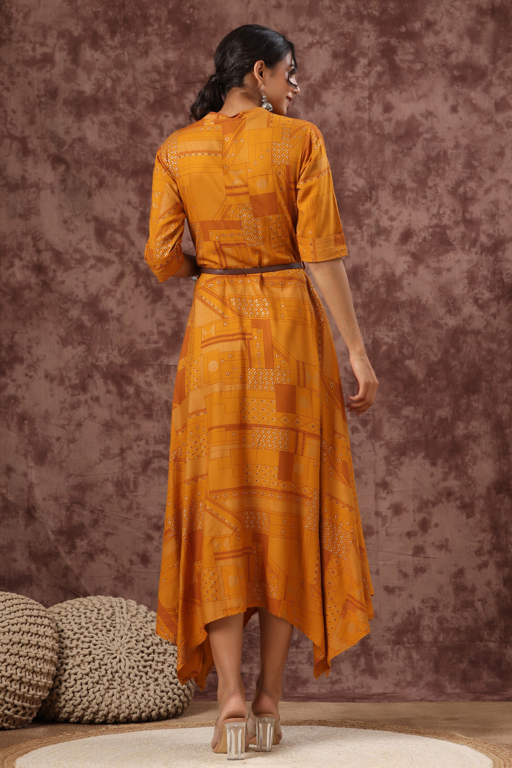 Juniper Women's Mustard Rayon Printed Asymmetric Maxi Dress