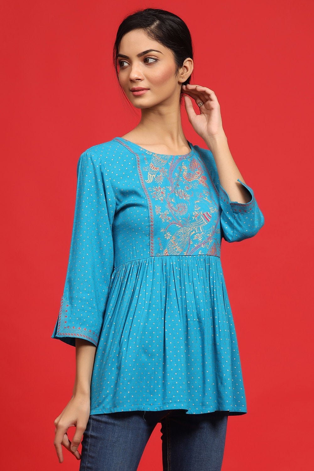 Juniper Sky Blue Polka Dot Printed Rayon Peplum Tunic