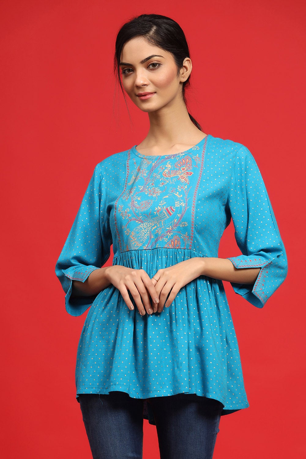 Juniper Sky Blue Polka Dot Printed Rayon Peplum Tunic