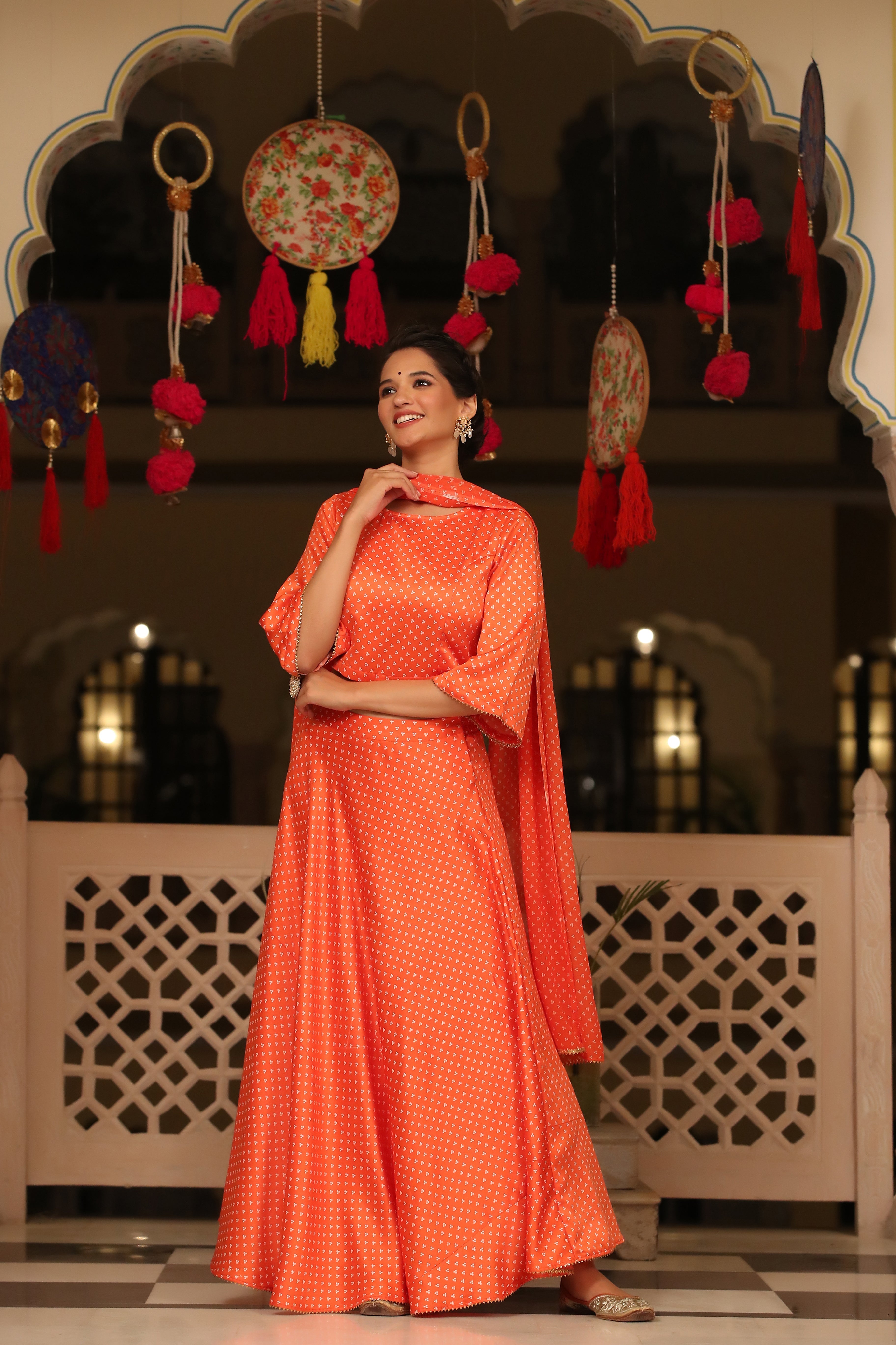 Orange Golden Flared Lehenga Choli with Matching Dupatta