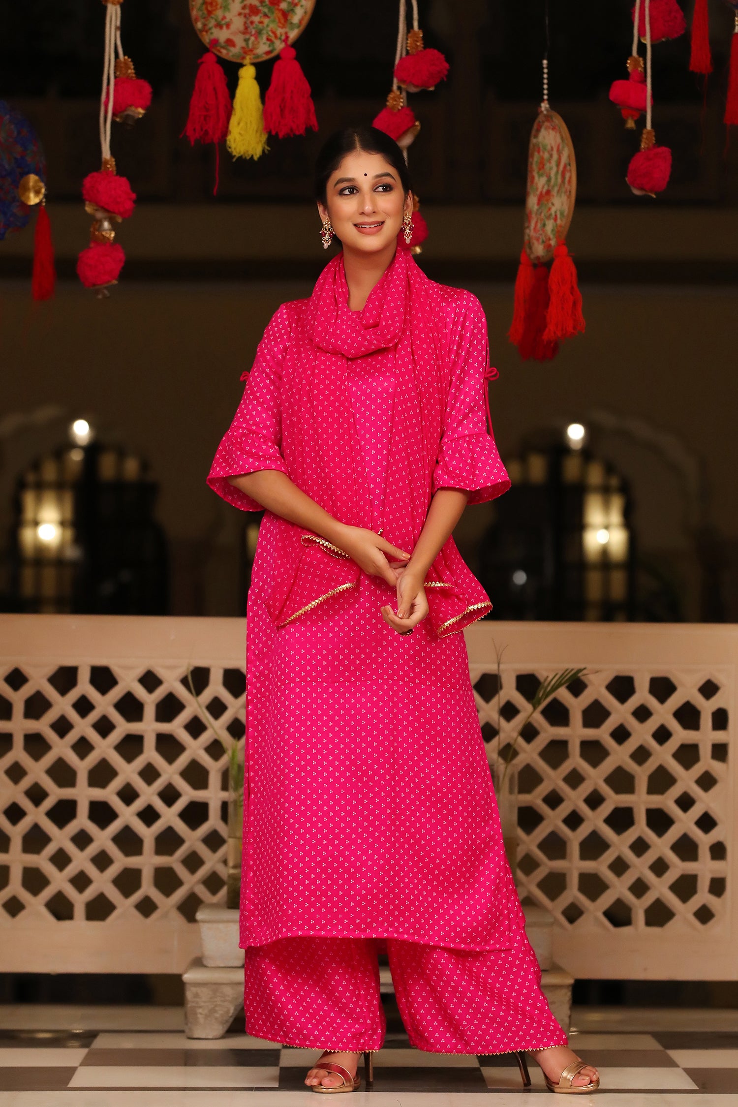 Fuchsia Bandhani Printed Satin Kurta Pants & Georgette Dupatta Set with Lace Work