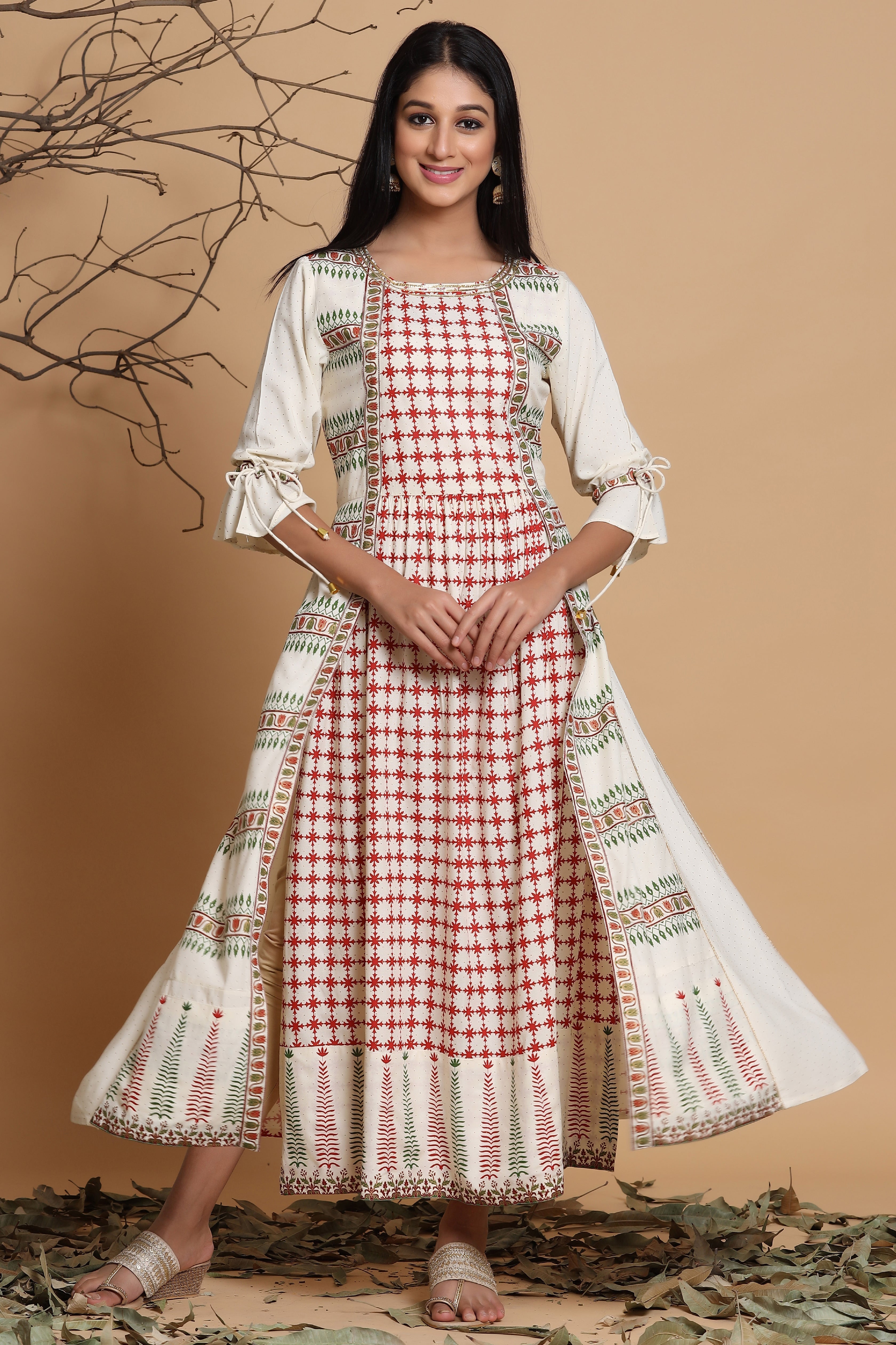 Juniper Ivory Ethnic Motif Printed Rayon Dress & Dori Tie-Up With Tassels On Sleeves