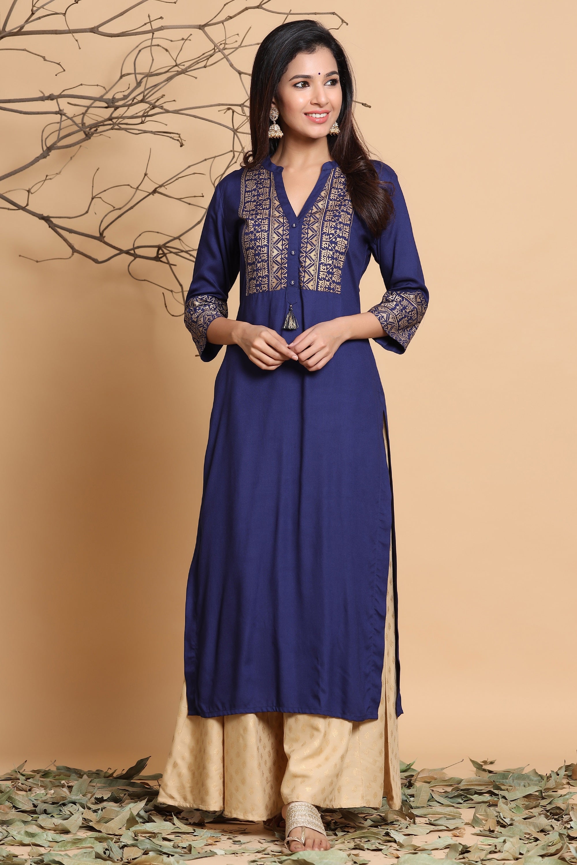 Juniper Indigo Geometric Printed Rayon Kurta with Tassels Detail