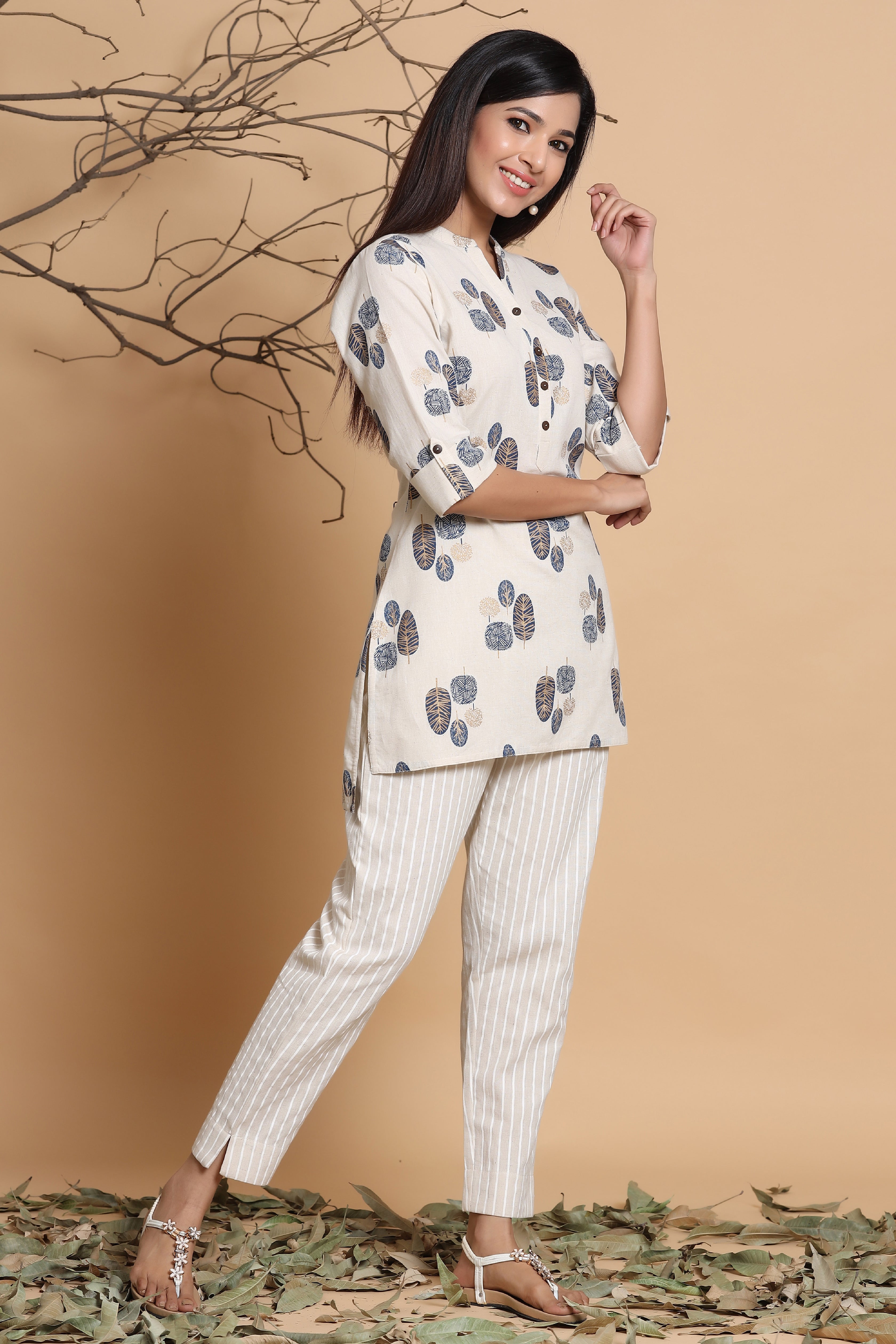 Juniper Natural Ethnic Motif Printed Cotton Flex High-Low Tunic With Buttons