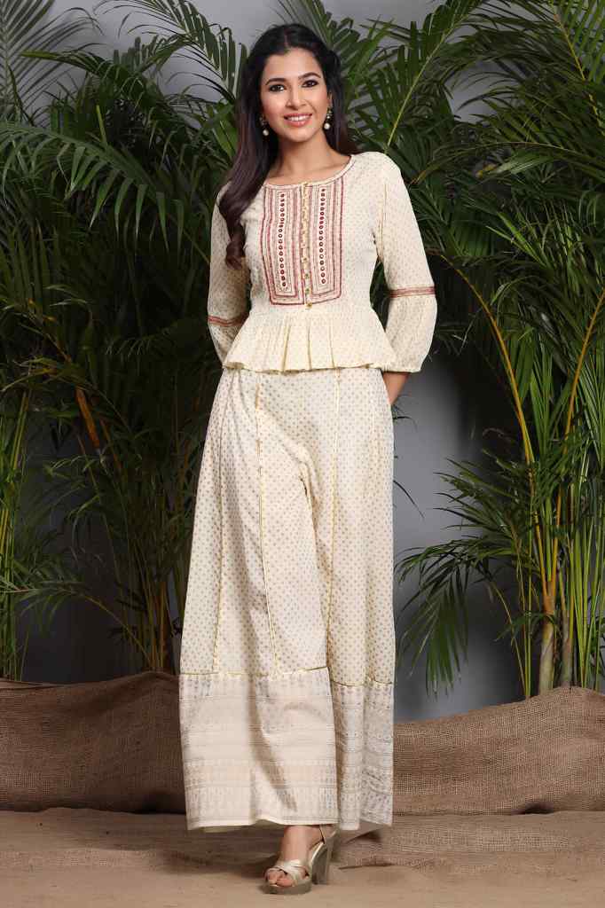 Juniper Ivory LIVA Rayon Crepe Embroidered Peplum Crop-Top with Cambric Palazzo