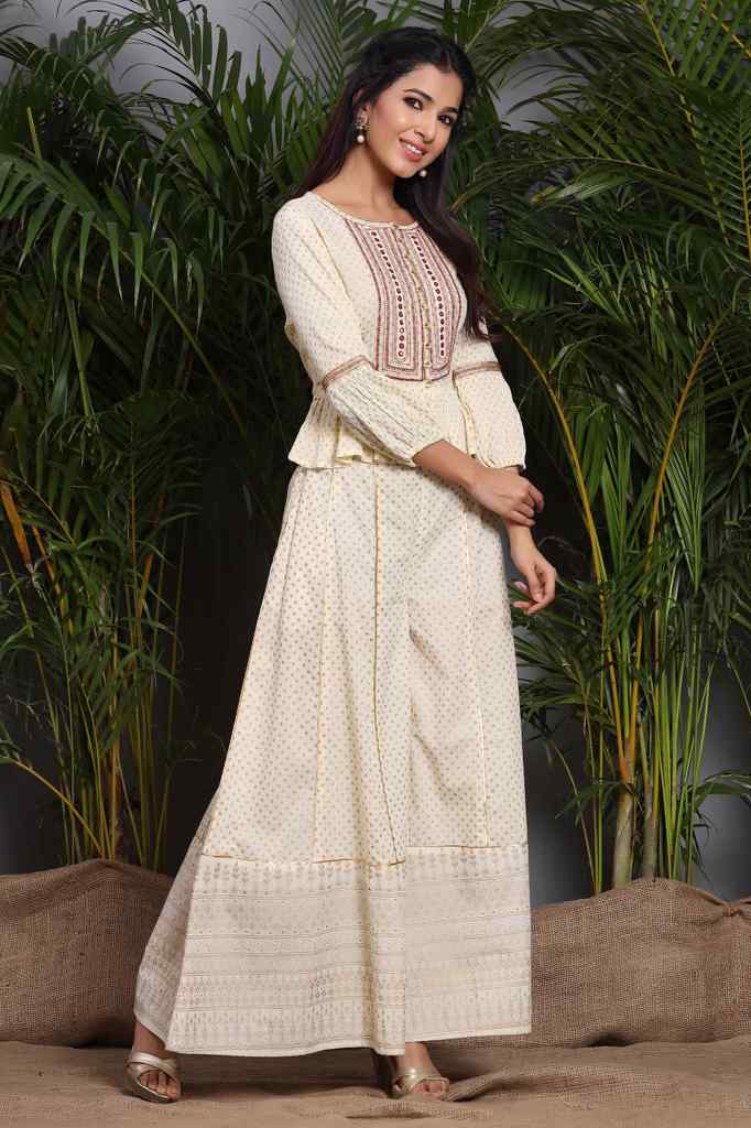 Juniper Ivory LIVA Rayon Crepe Embroidered Peplum Crop-Top with Cambric Palazzo