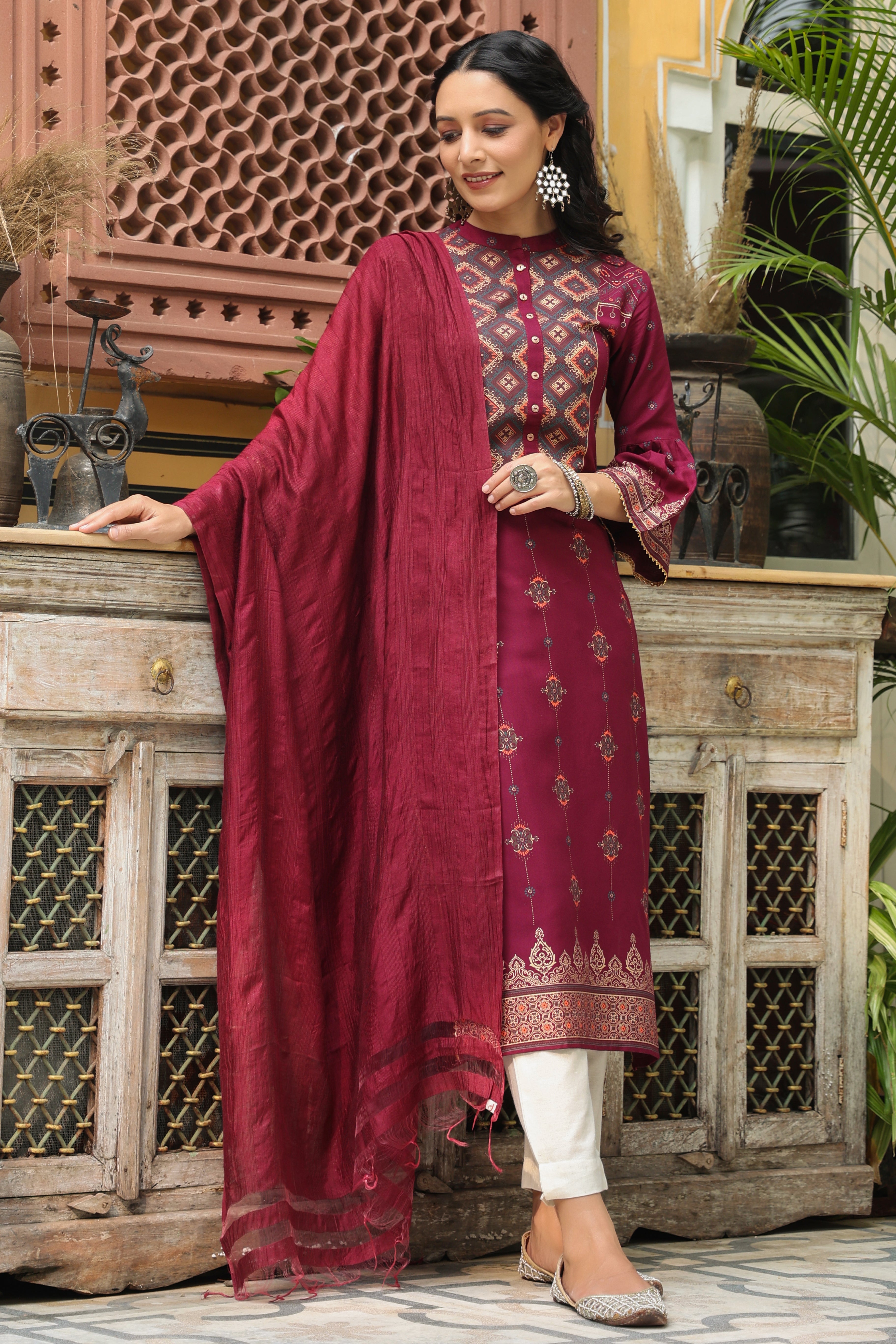 Juniper Wine Ethnic Motif Printed Rayon Straight Kurta & Dupatta Set With Buttons