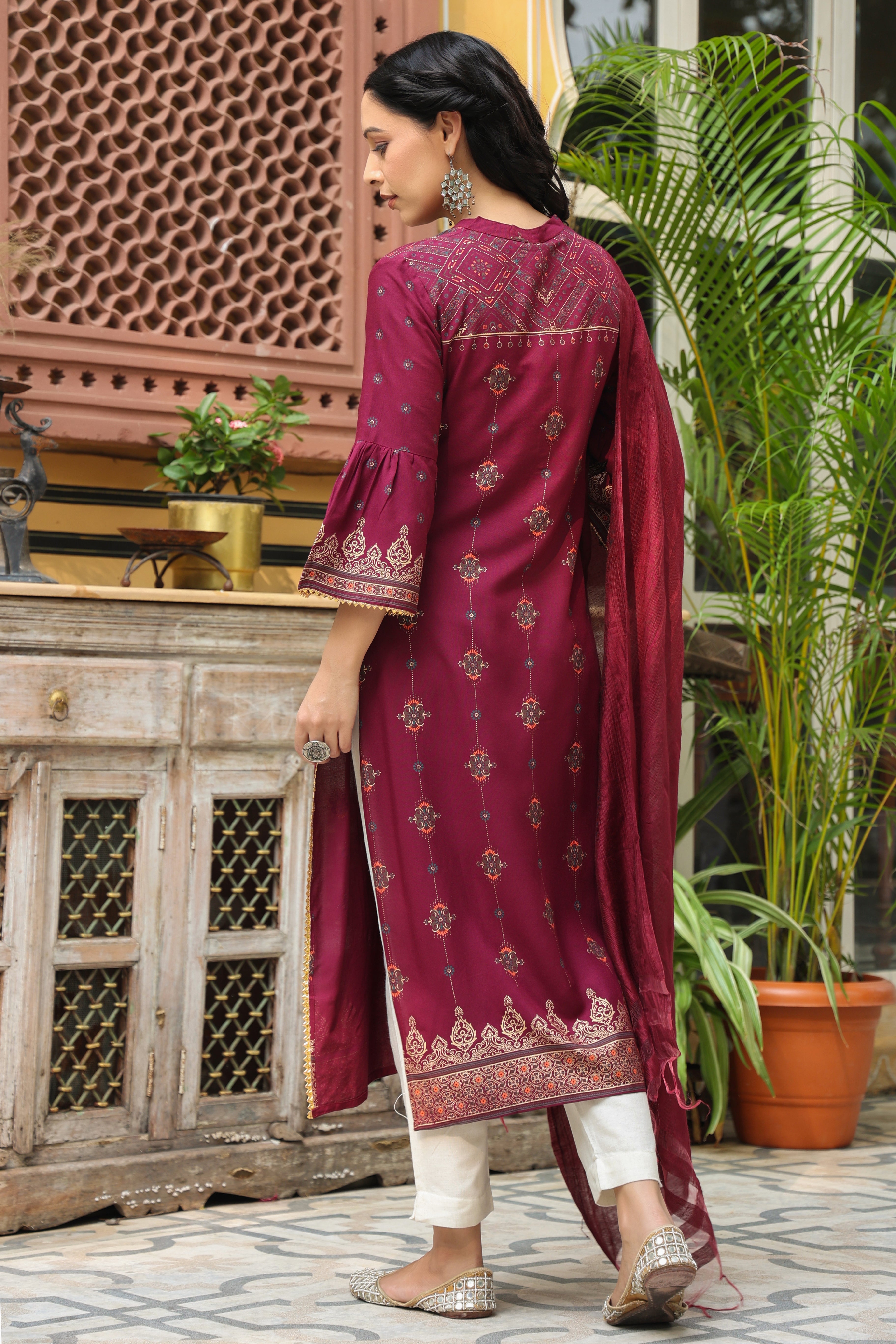 Juniper Wine Ethnic Motif Printed Rayon Straight Kurta & Dupatta Set With Buttons