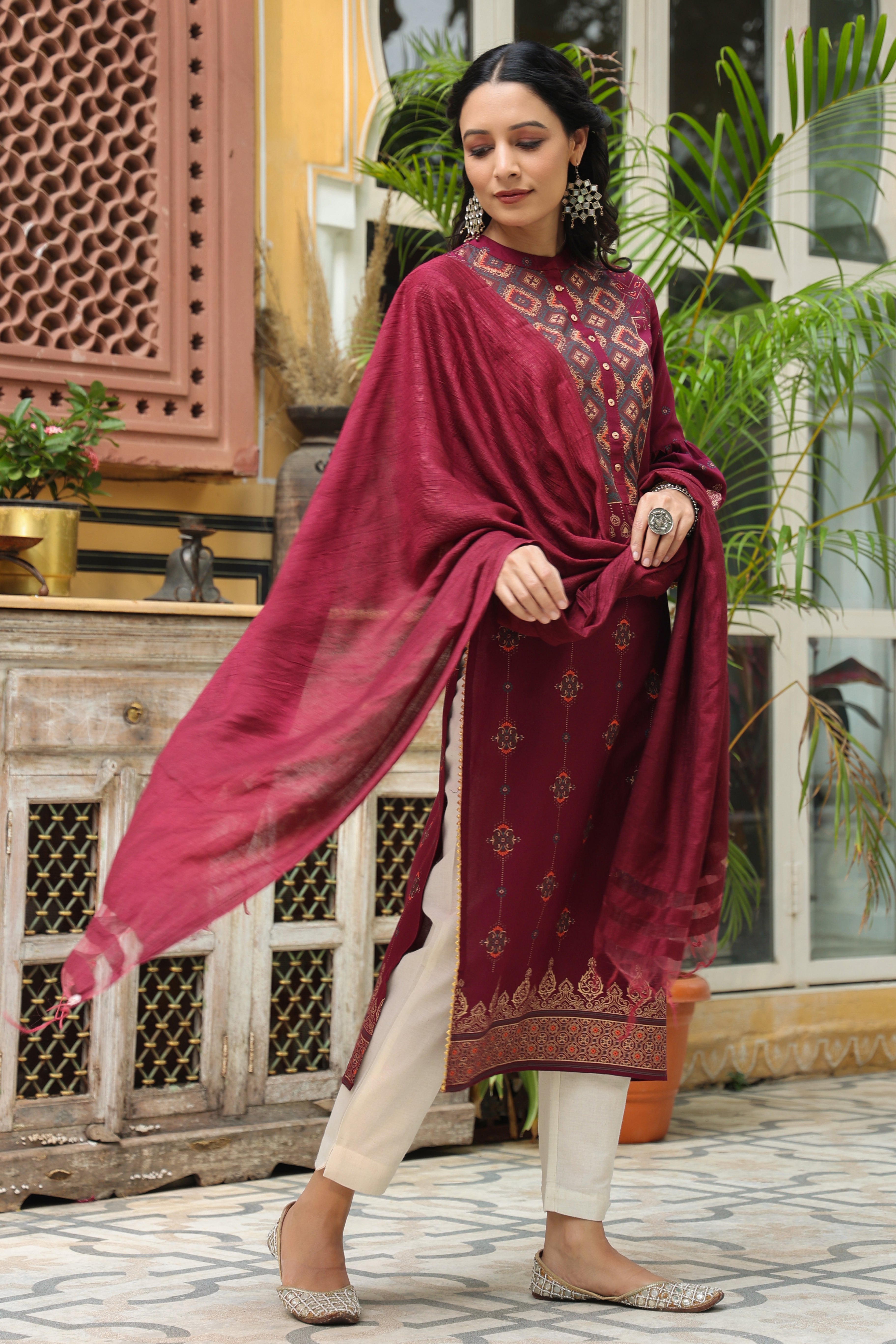 Juniper Wine Ethnic Motif Printed Rayon Straight Kurta & Dupatta Set With Buttons