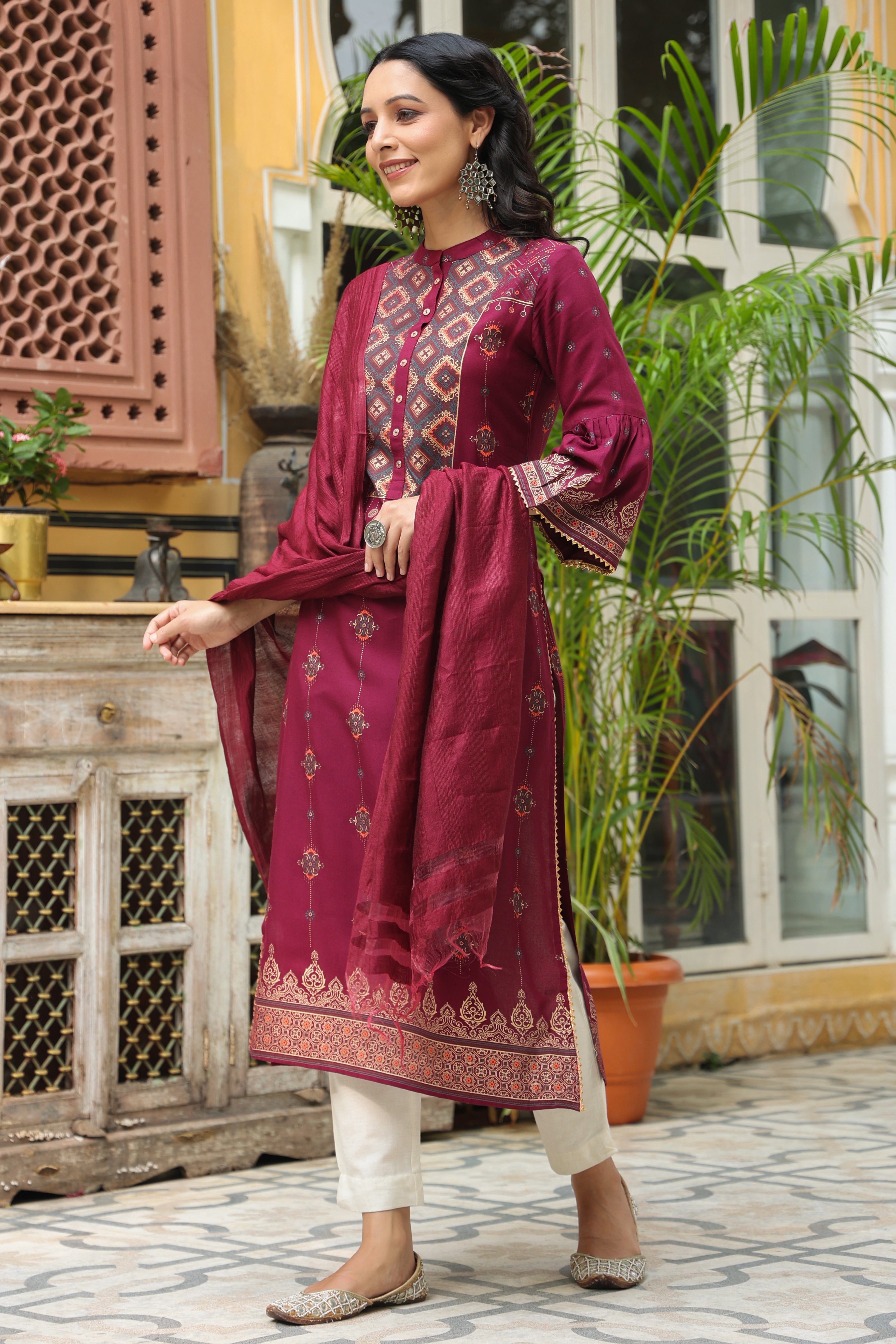 Juniper Wine Ethnic Motif Printed Rayon Straight Kurta & Dupatta Set With Buttons