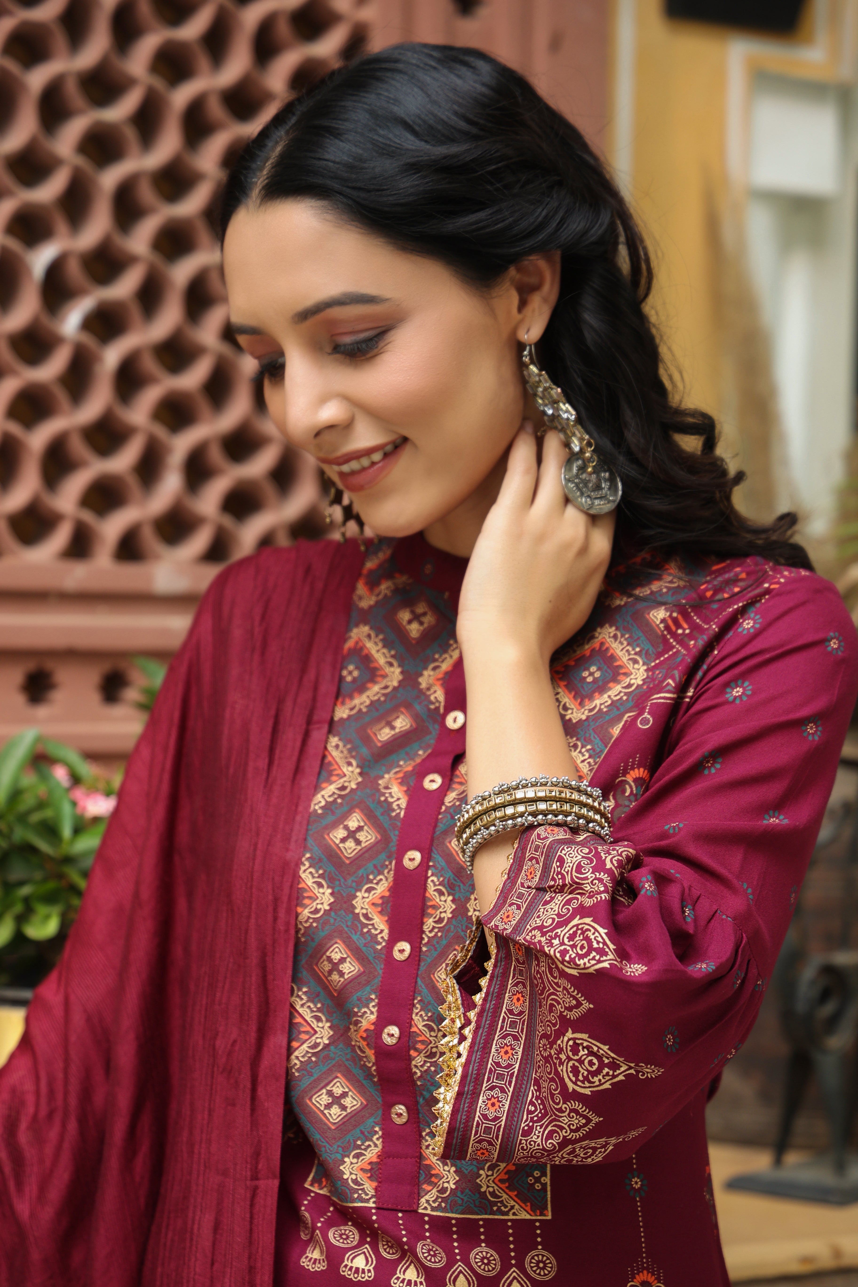 Juniper Wine Ethnic Motif Printed Rayon Straight Kurta & Dupatta Set With Buttons