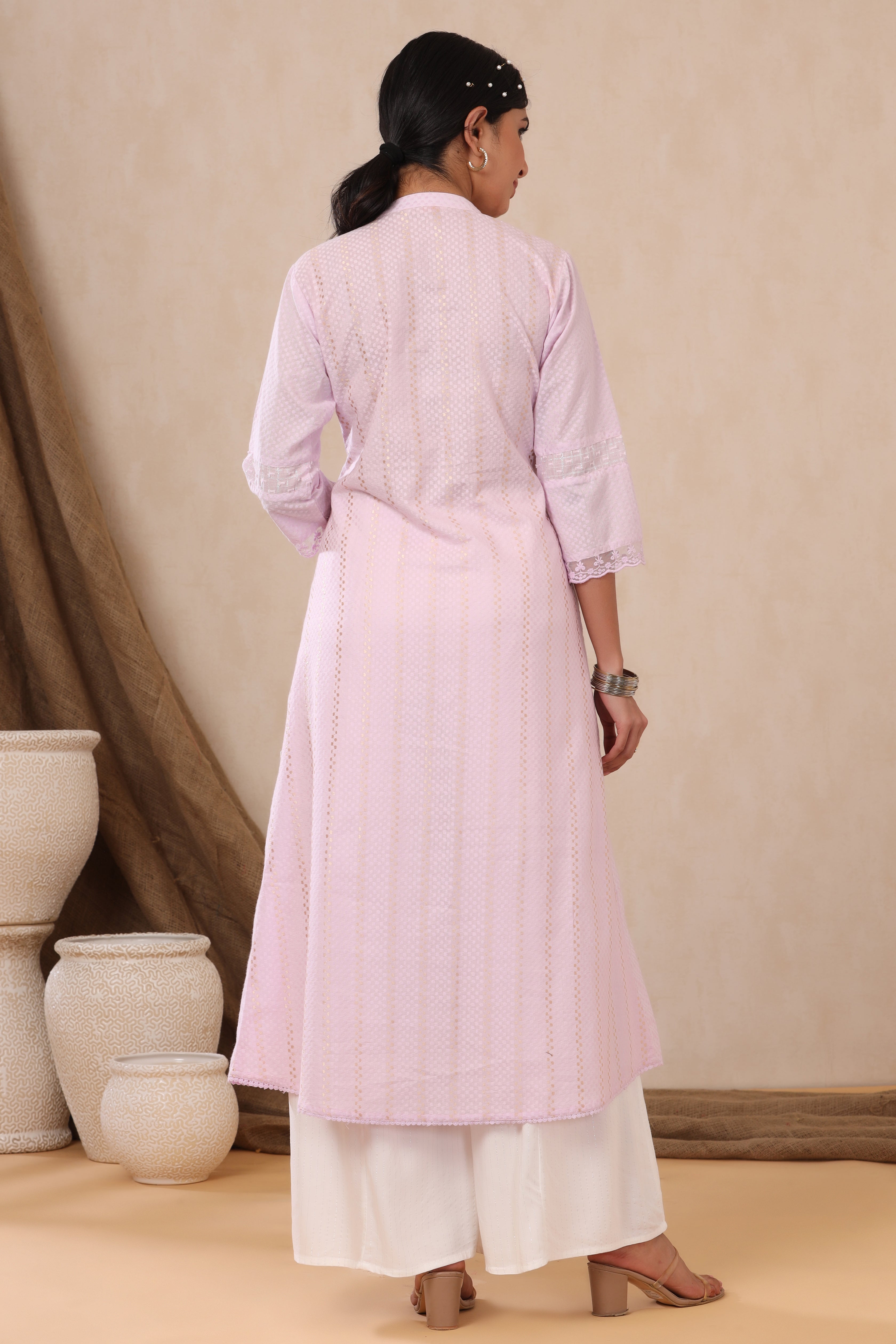 Juniper Purple Cotton Dobby Flared Kurta with buttons