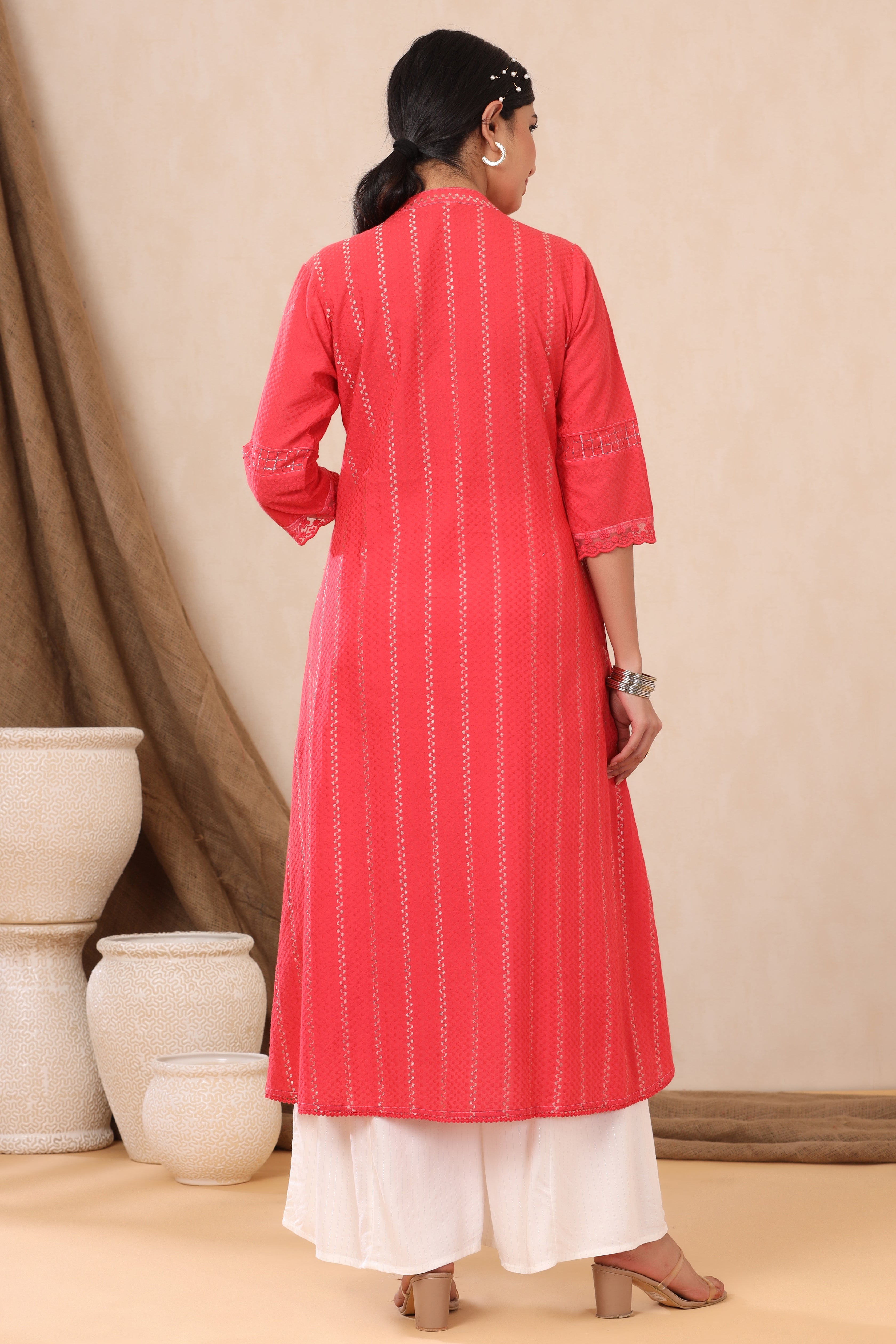 Juniper Red Cotton Dobby Printed A-Line Kurta with Mask