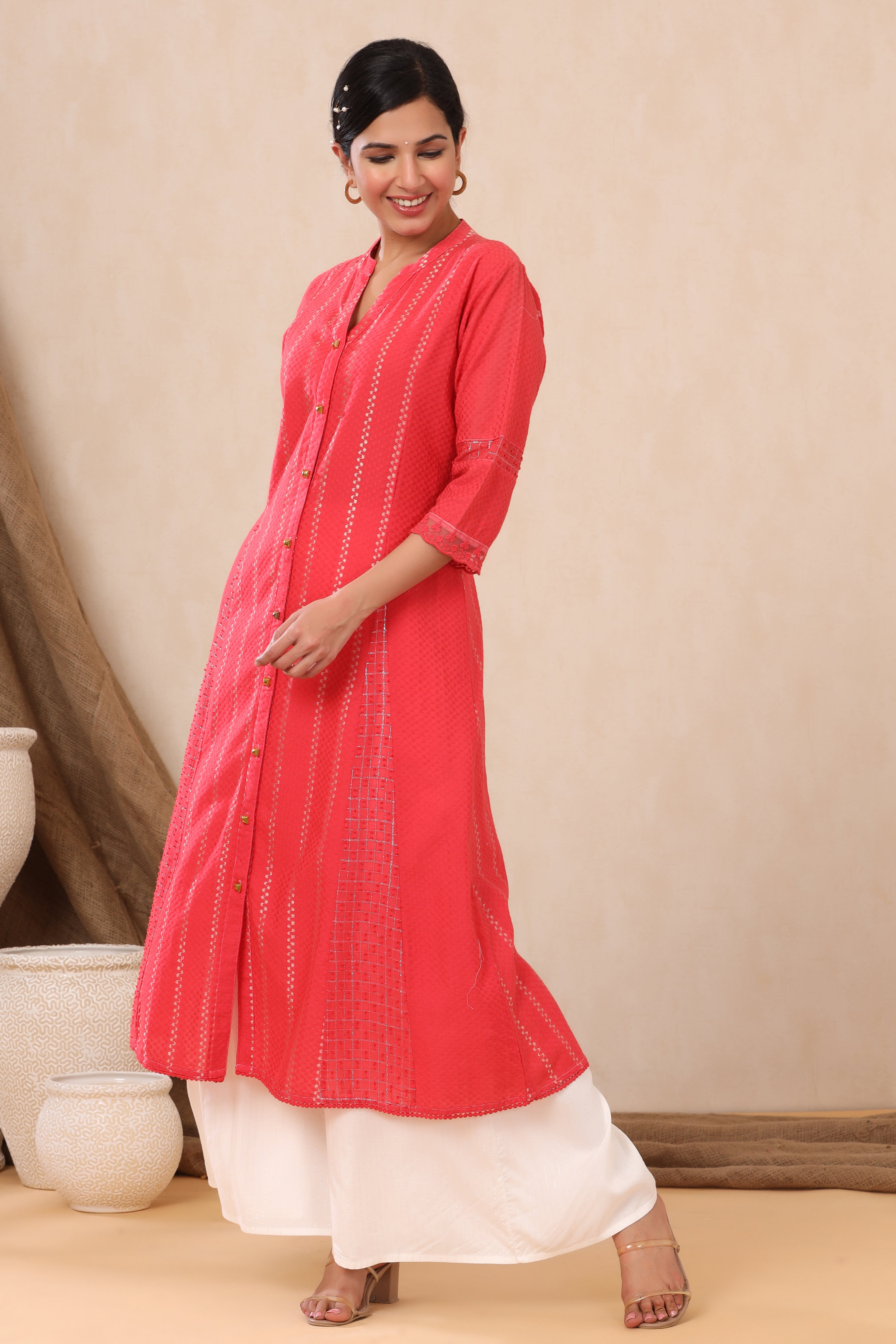 Juniper Red Cotton Dobby Printed A-Line Kurta with Mask