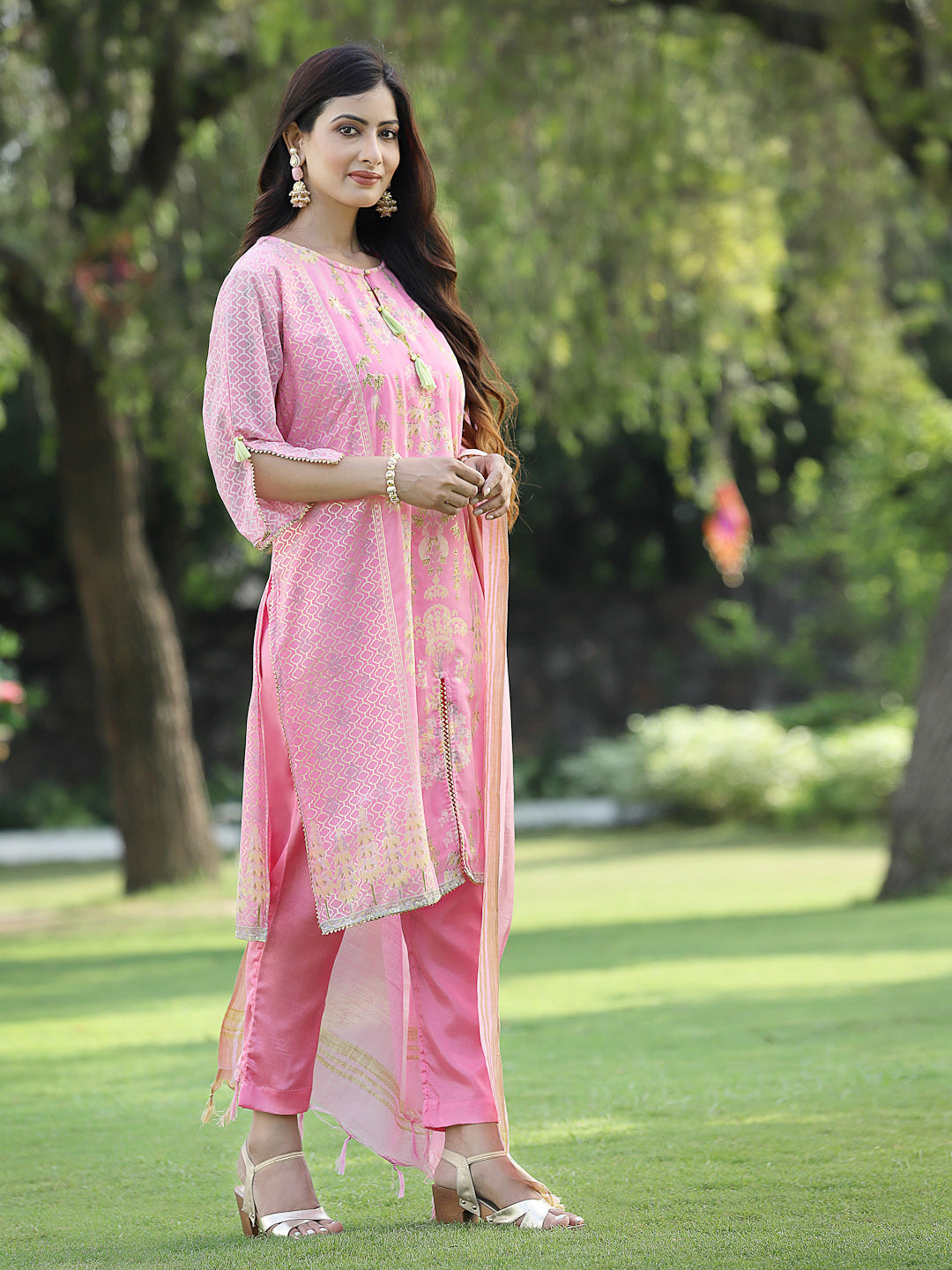 Juniper Pink Ethnic Motif Printed Georgette Kurta Pants & Dupatta Set With Tassels & Lace