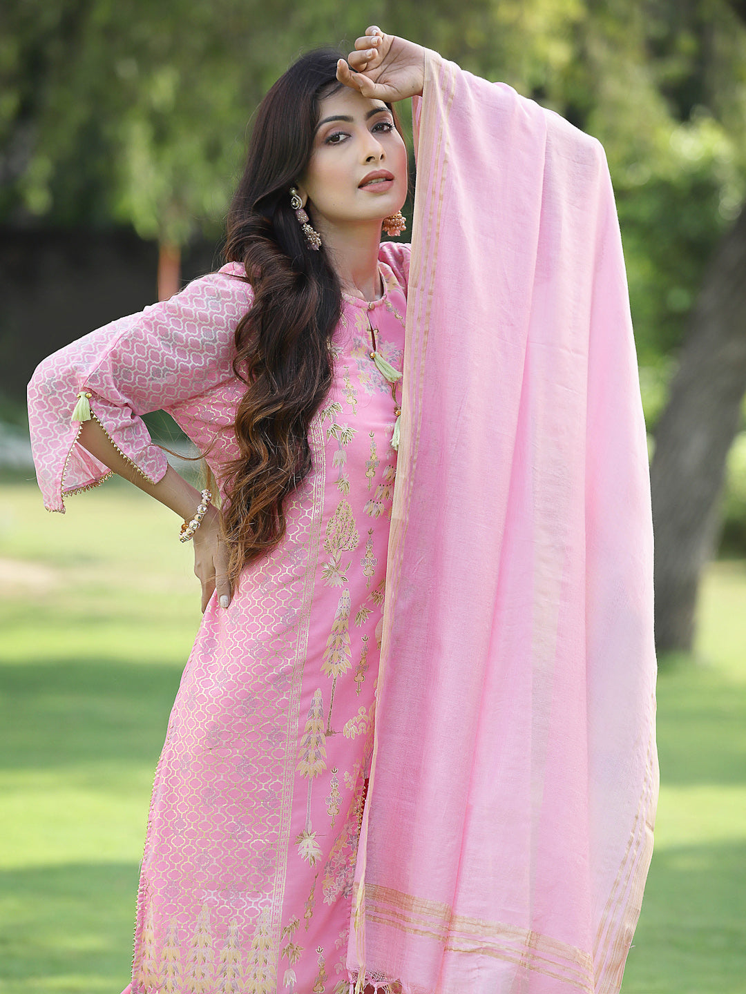 Juniper Pink Ethnic Motif Printed Georgette Kurta Pants & Dupatta Set With Tassels & Lace