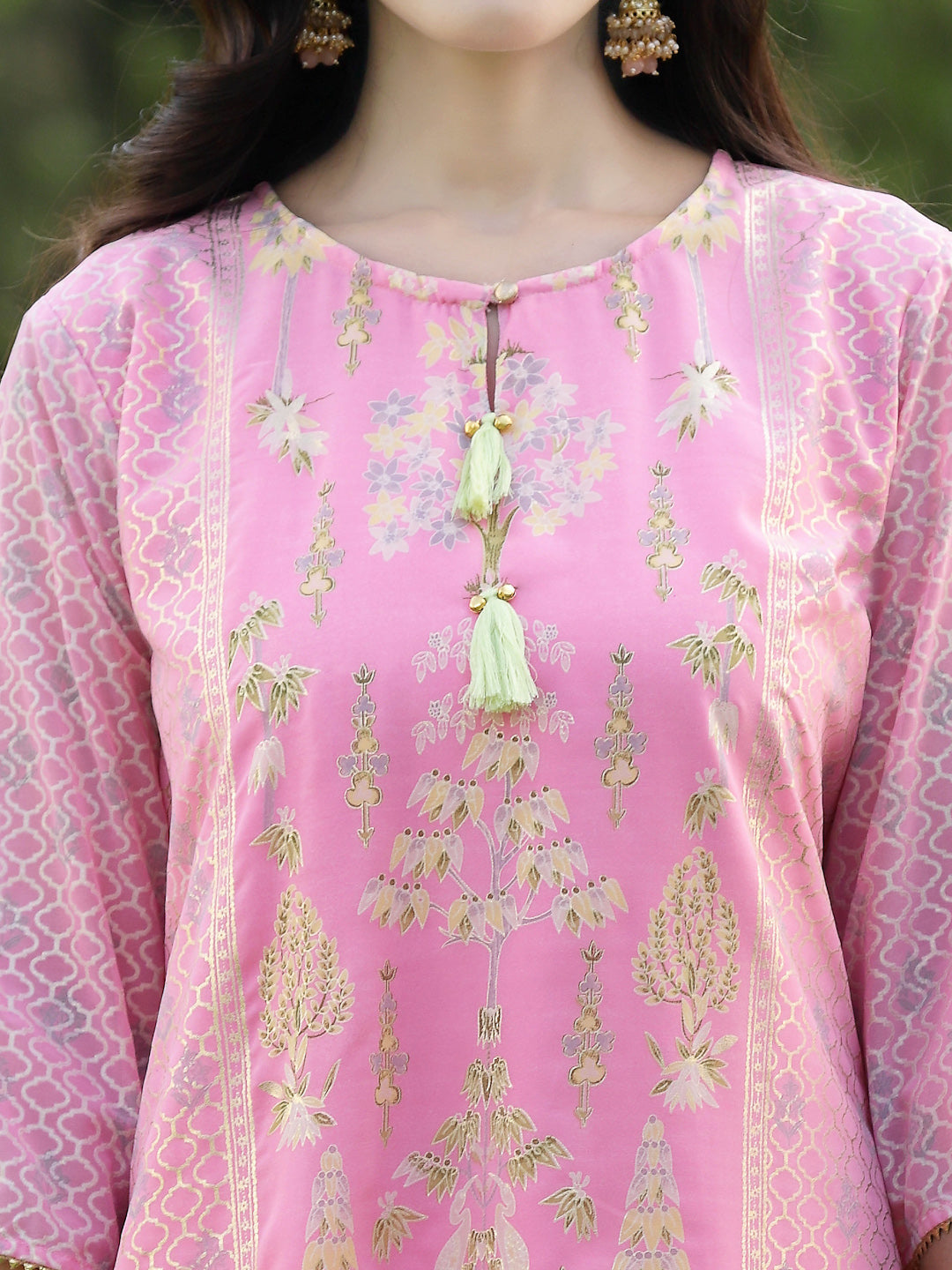 Juniper Pink Ethnic Motif Printed Georgette Kurta Pants & Dupatta Set With Tassels & Lace