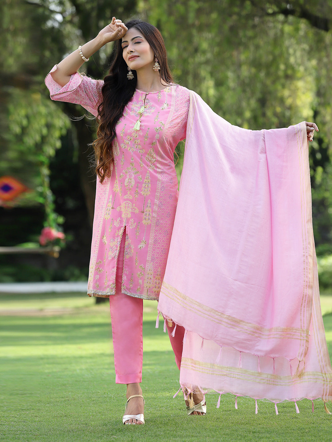 Juniper Pink Ethnic Motif Printed Georgette Kurta Pants & Dupatta Set With Tassels & Lace
