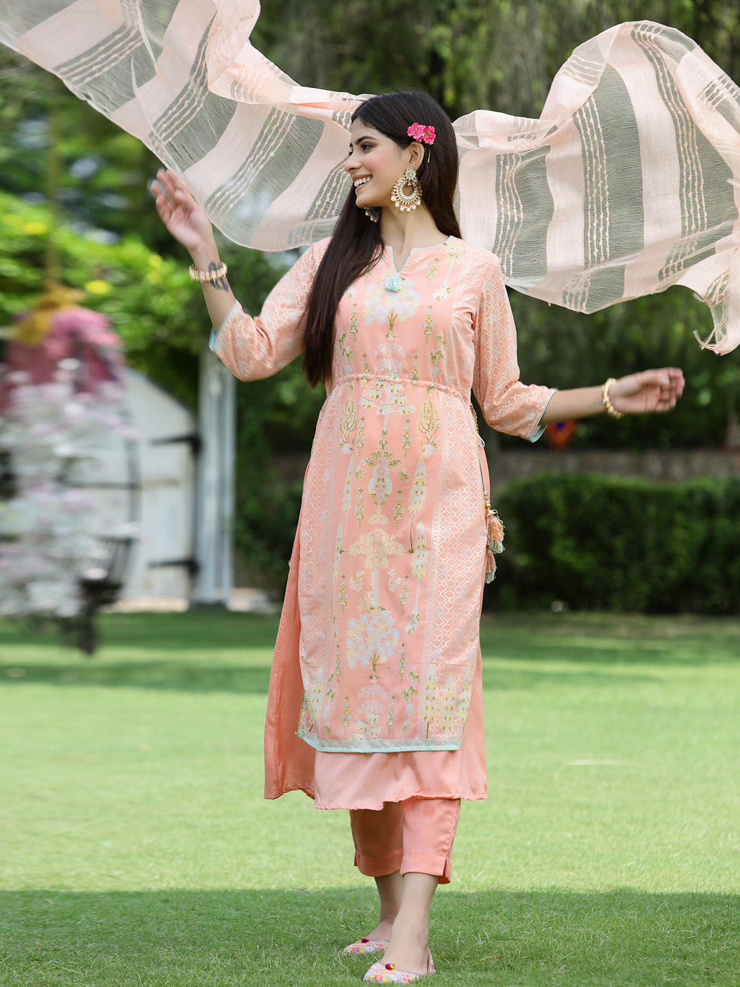 Juniper Orange Ethnic Motif Printed Georgette Kurta Pants & Dupatta Set With Tassels & Lace
