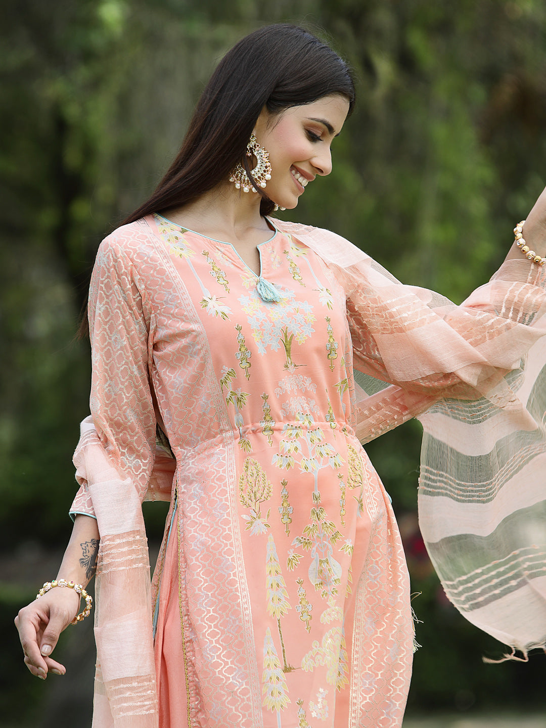 Juniper Orange Ethnic Motif Printed Georgette Kurta Pants & Dupatta Set With Tassels & Lace