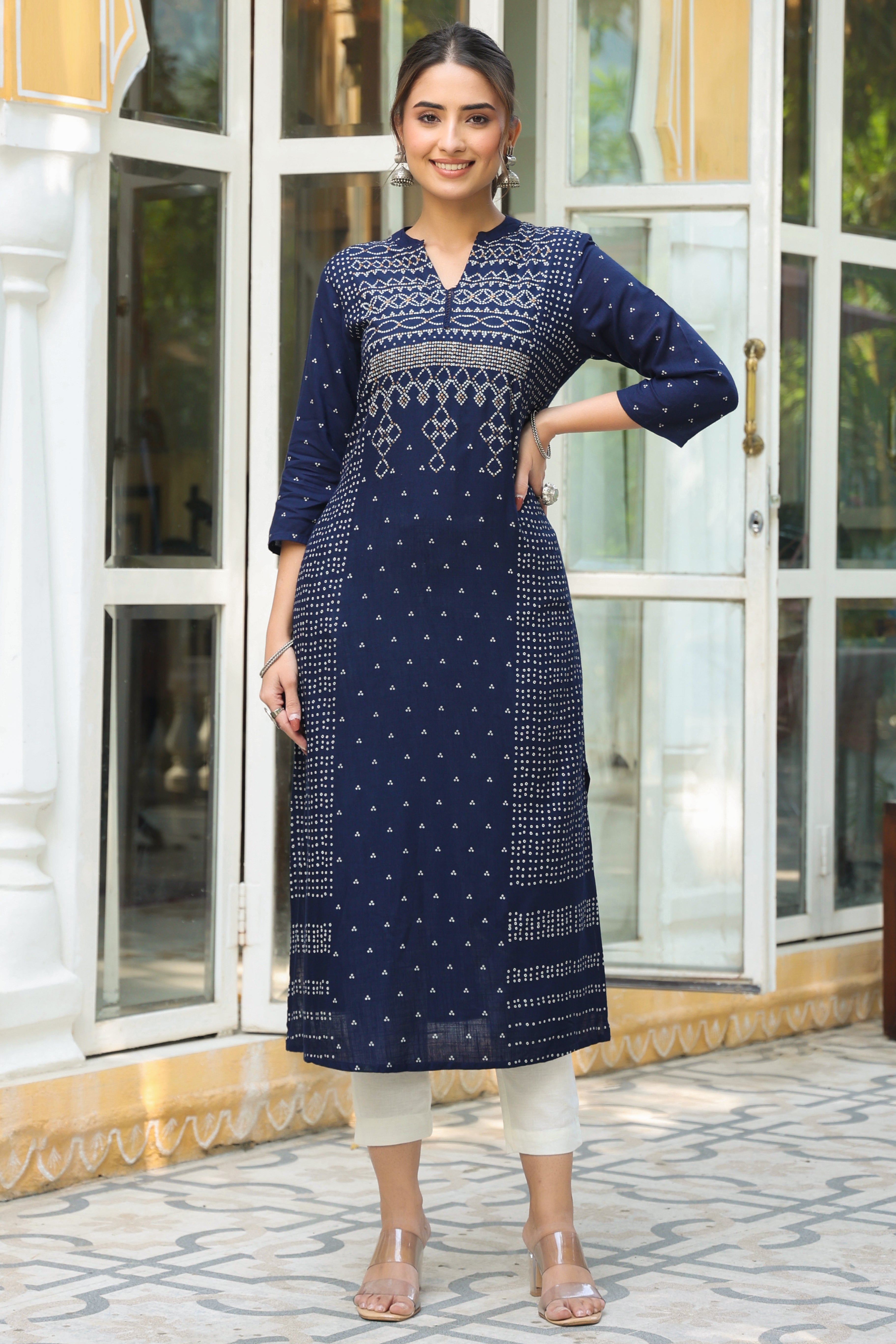 Juniper Indigo Bandhani Printed Rayon Slub A-Line Kurta.