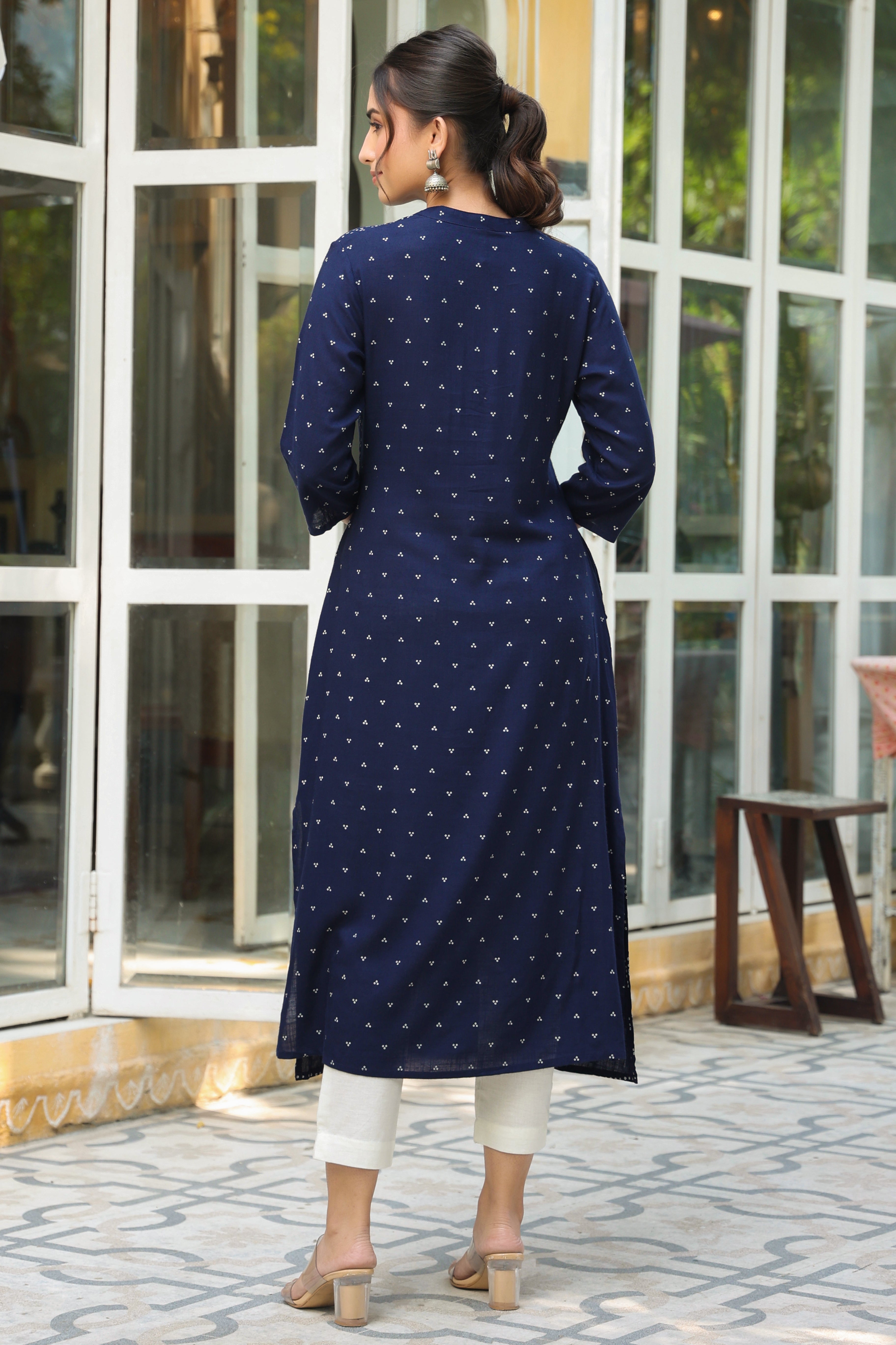 Juniper Indigo Bandhani Printed Rayon Slub A-Line Kurta.