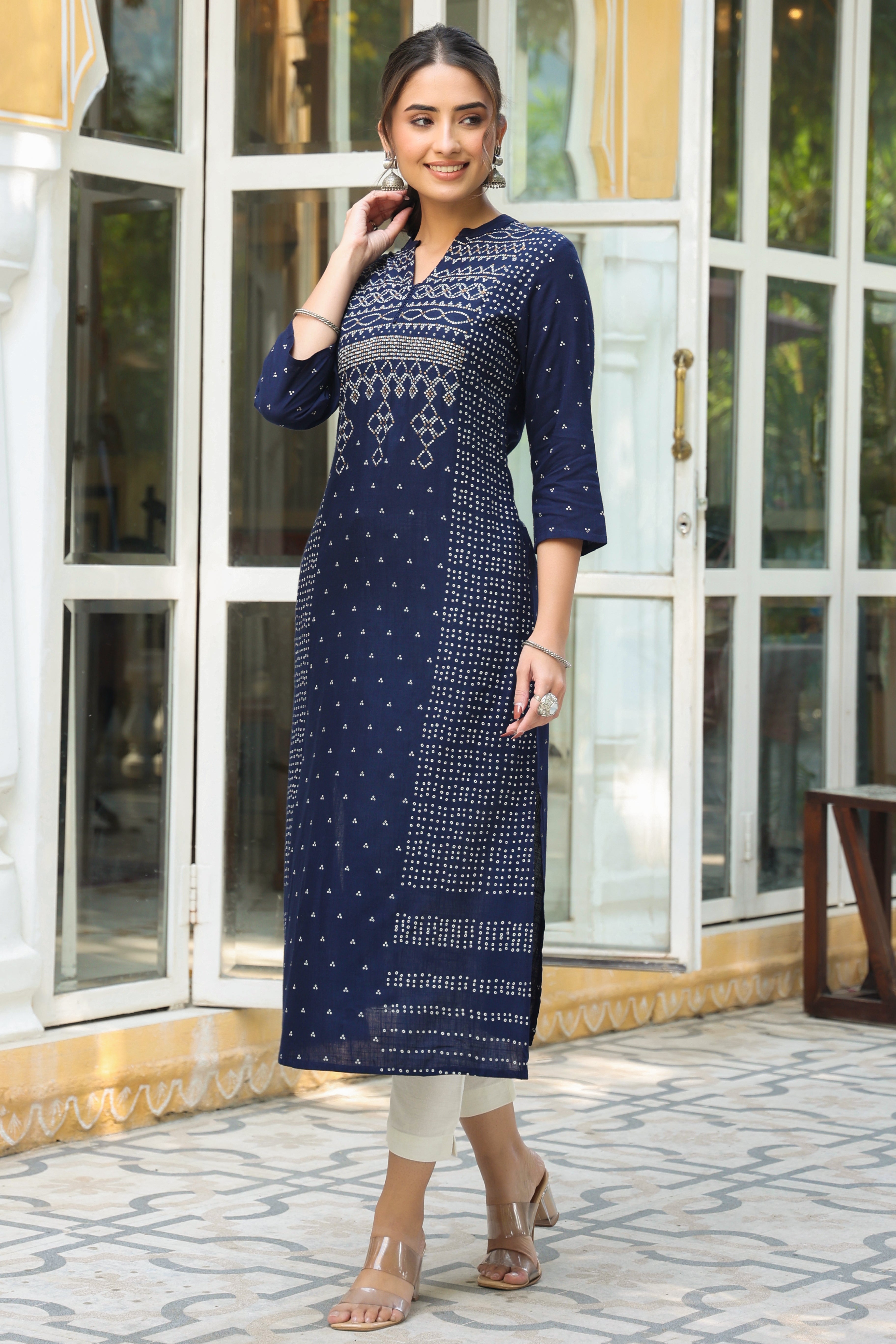 Juniper Indigo Bandhani Printed Rayon Slub A-Line Kurta.