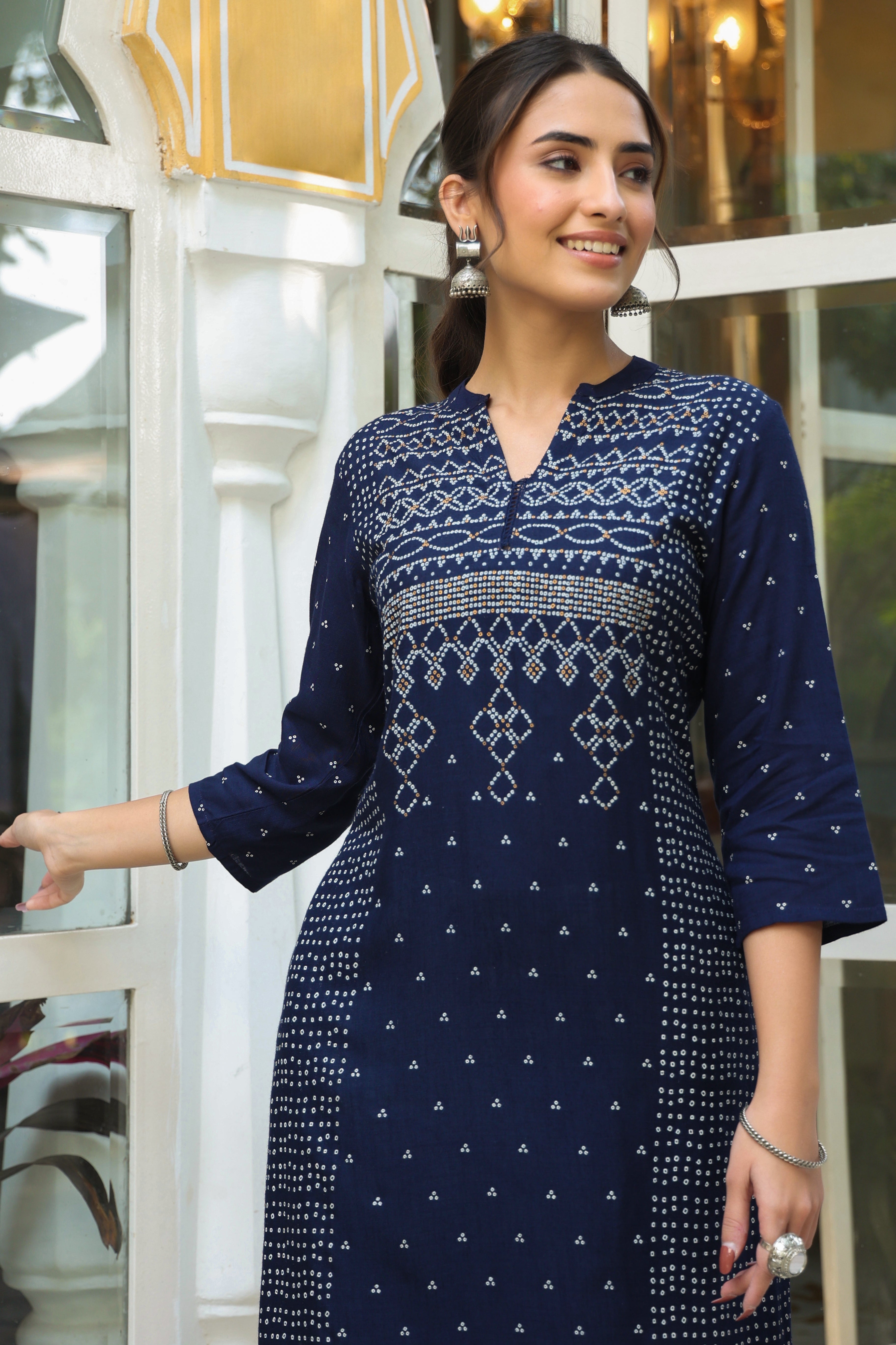Juniper Indigo Bandhani Printed Rayon Slub A-Line Kurta.