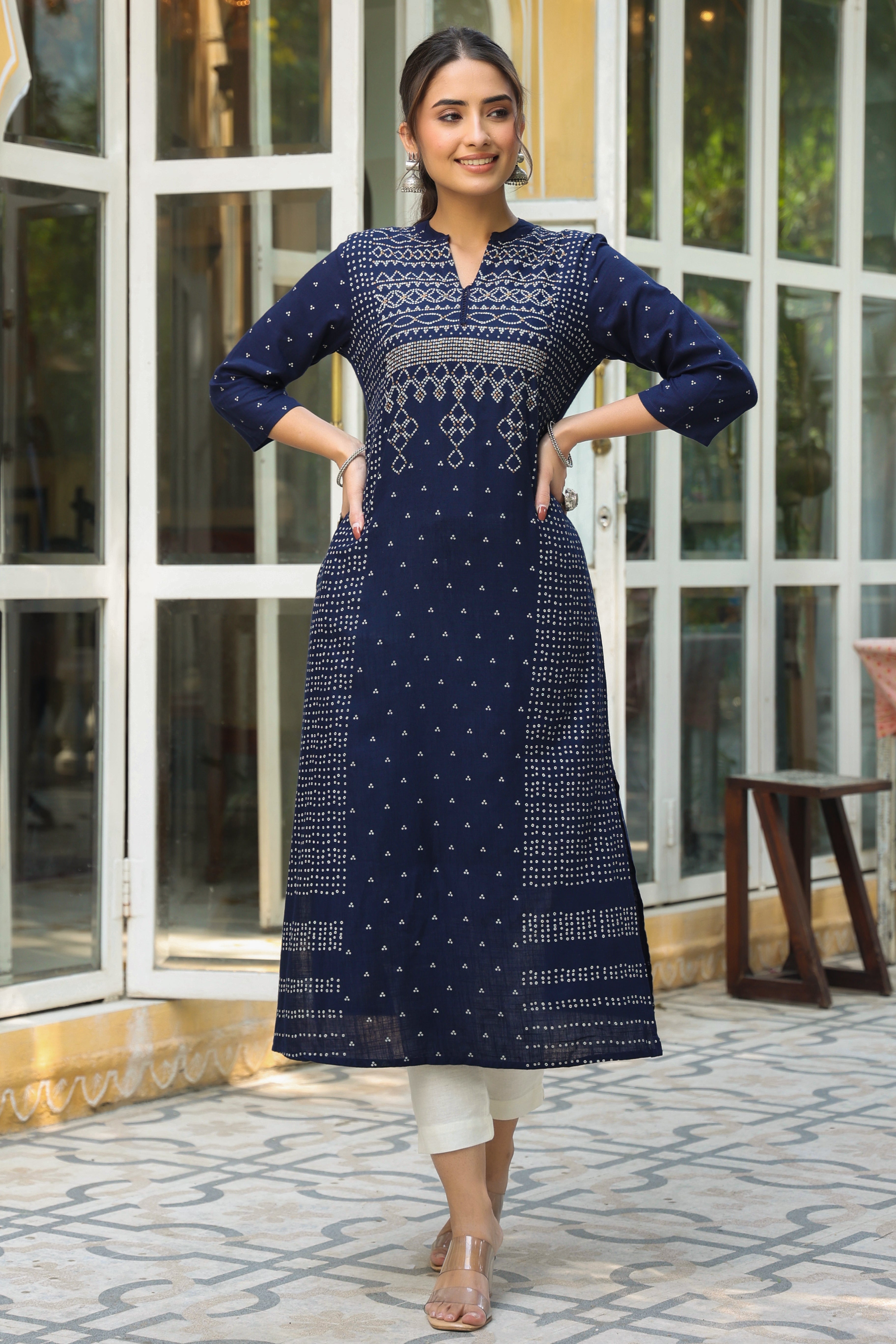 Juniper Indigo Bandhani Printed Rayon Slub A-Line Kurta.