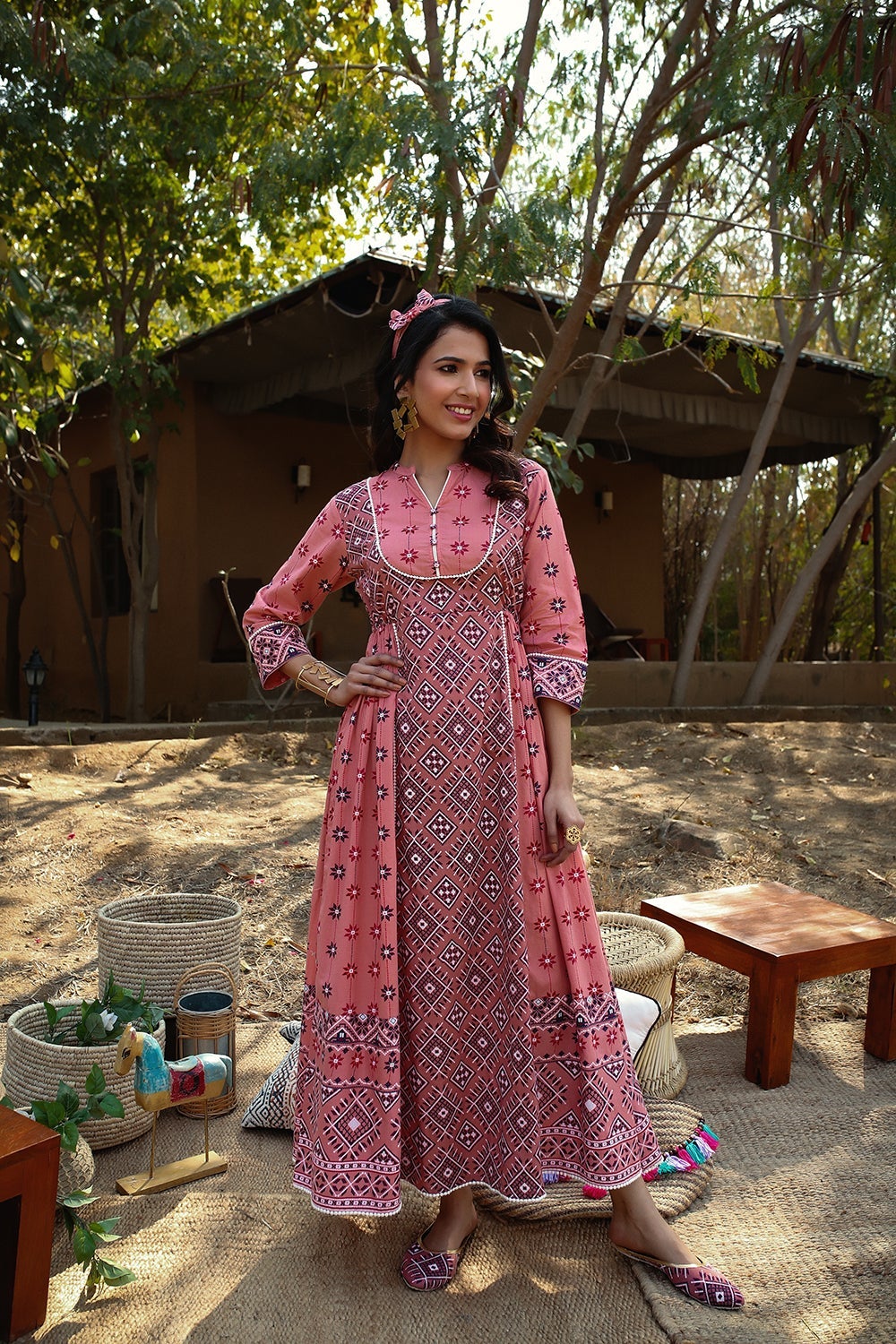 Juniper Peach Geometric Printed Pure Cotton Maxi Dress With Lace Work