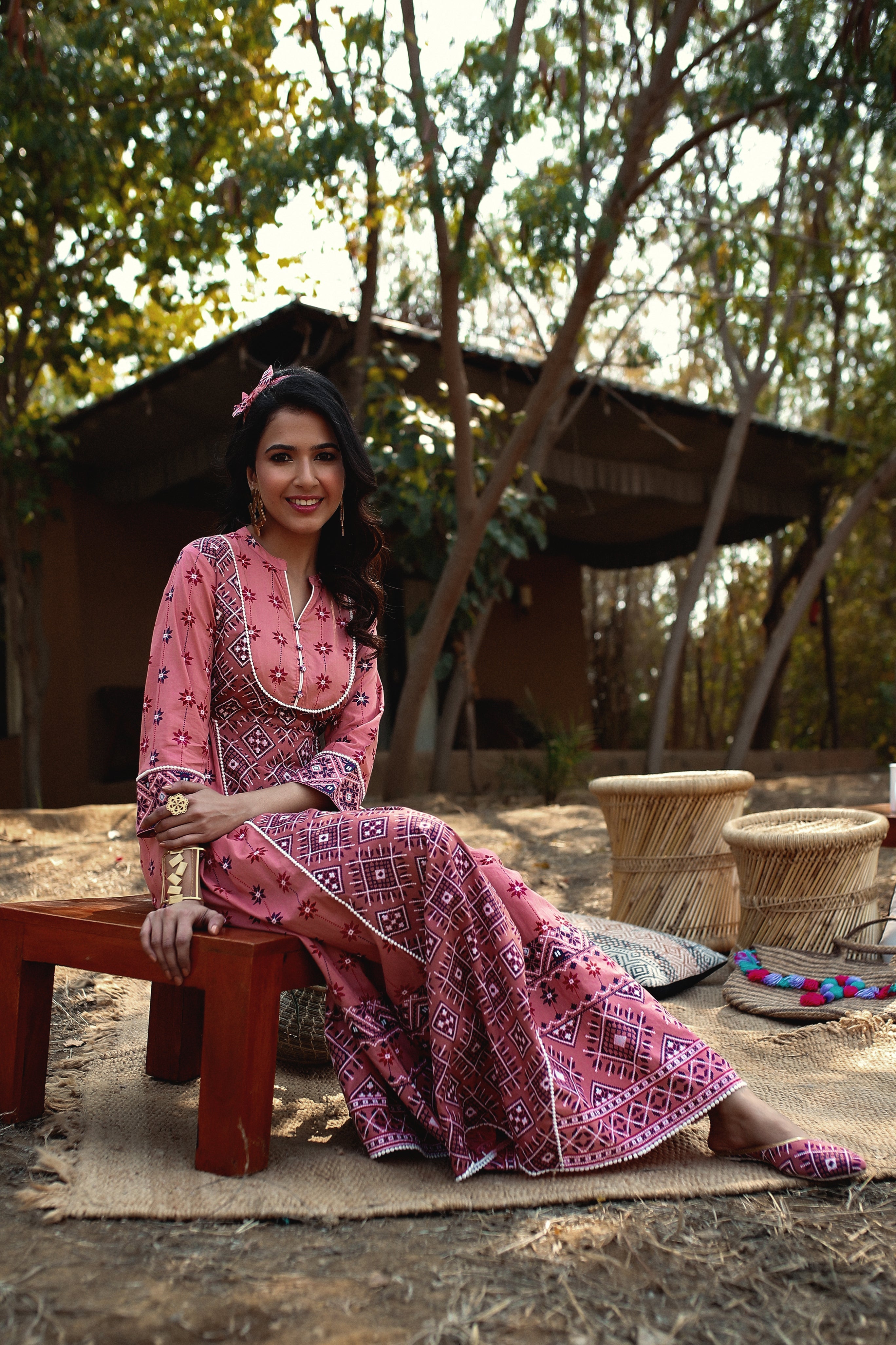 Juniper Peach Geometric Printed Pure Cotton Maxi Dress With Lace Work