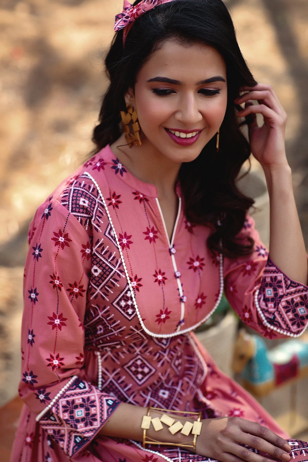 Juniper Peach Geometric Printed Pure Cotton Maxi Dress With Lace Work