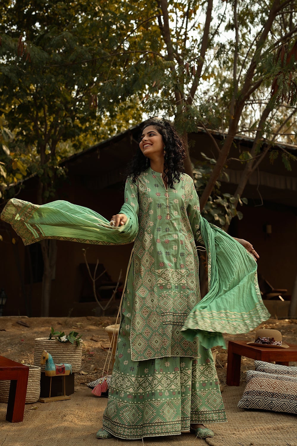 Juniper Pista Green Geometric Printed Pure Cotton Kurta Palazzo & Cotton Voile Dupatta