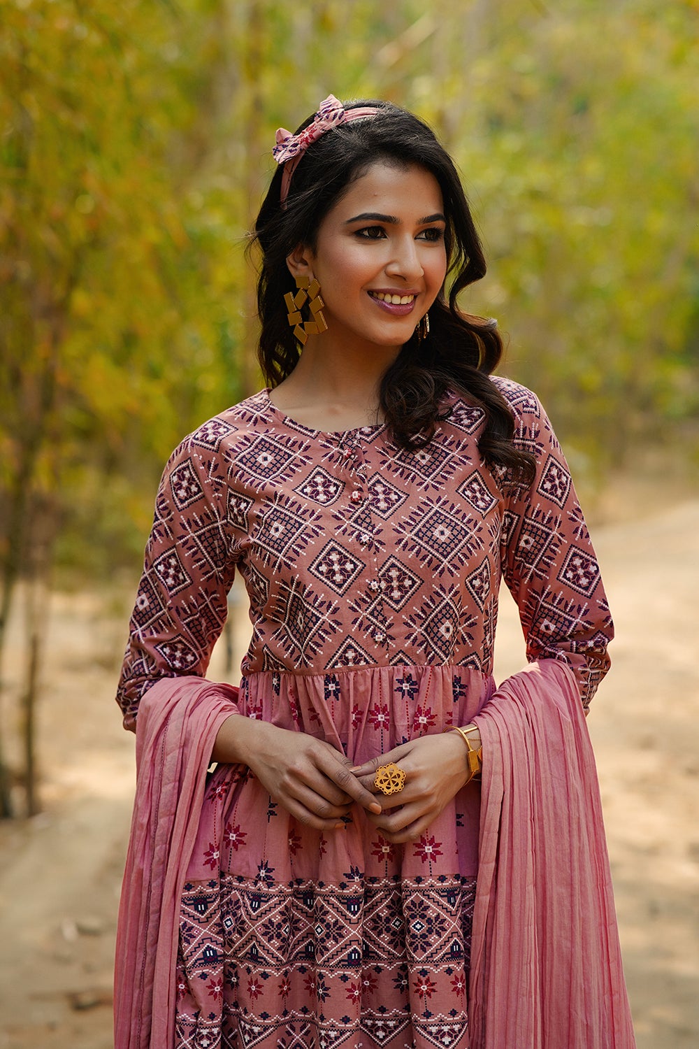 Juniper Peach Geometric Printed Pure Cotton Kurta Palazzo & Dupatta With Lace Work