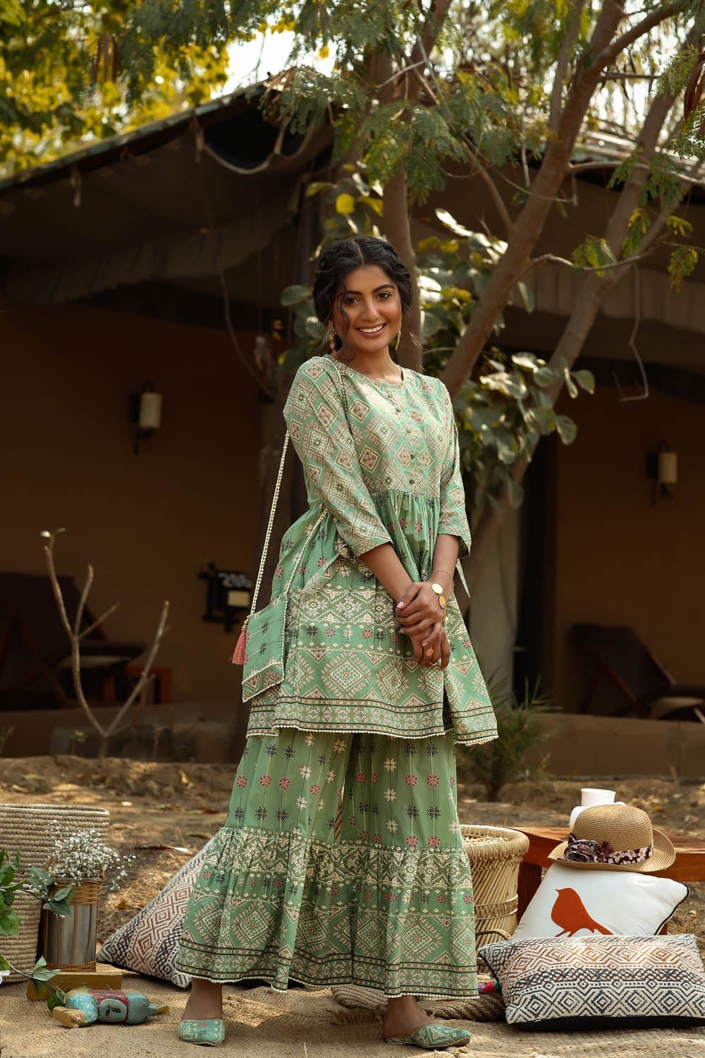 Juniper Pistagreen Cambric Mexican Print Flared Tunic Sharara Set