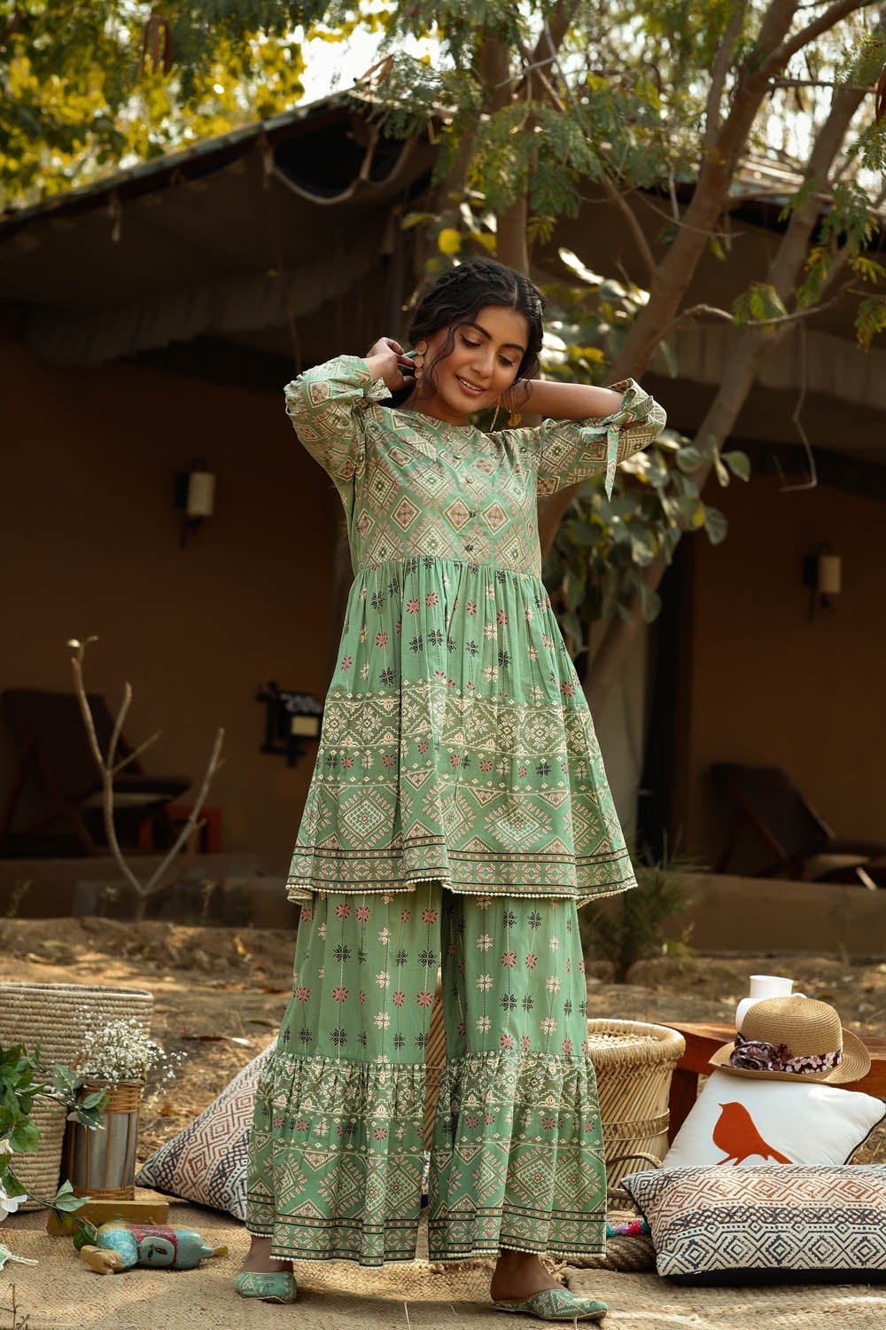 Juniper Pistagreen Cambric Mexican Print Flared Tunic Sharara Set