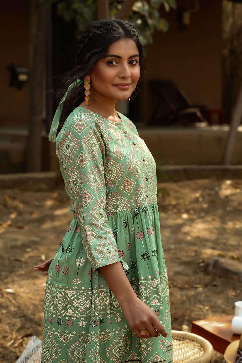 Juniper Pistagreen Cambric Mexican Print Flared Tunic Sharara Set