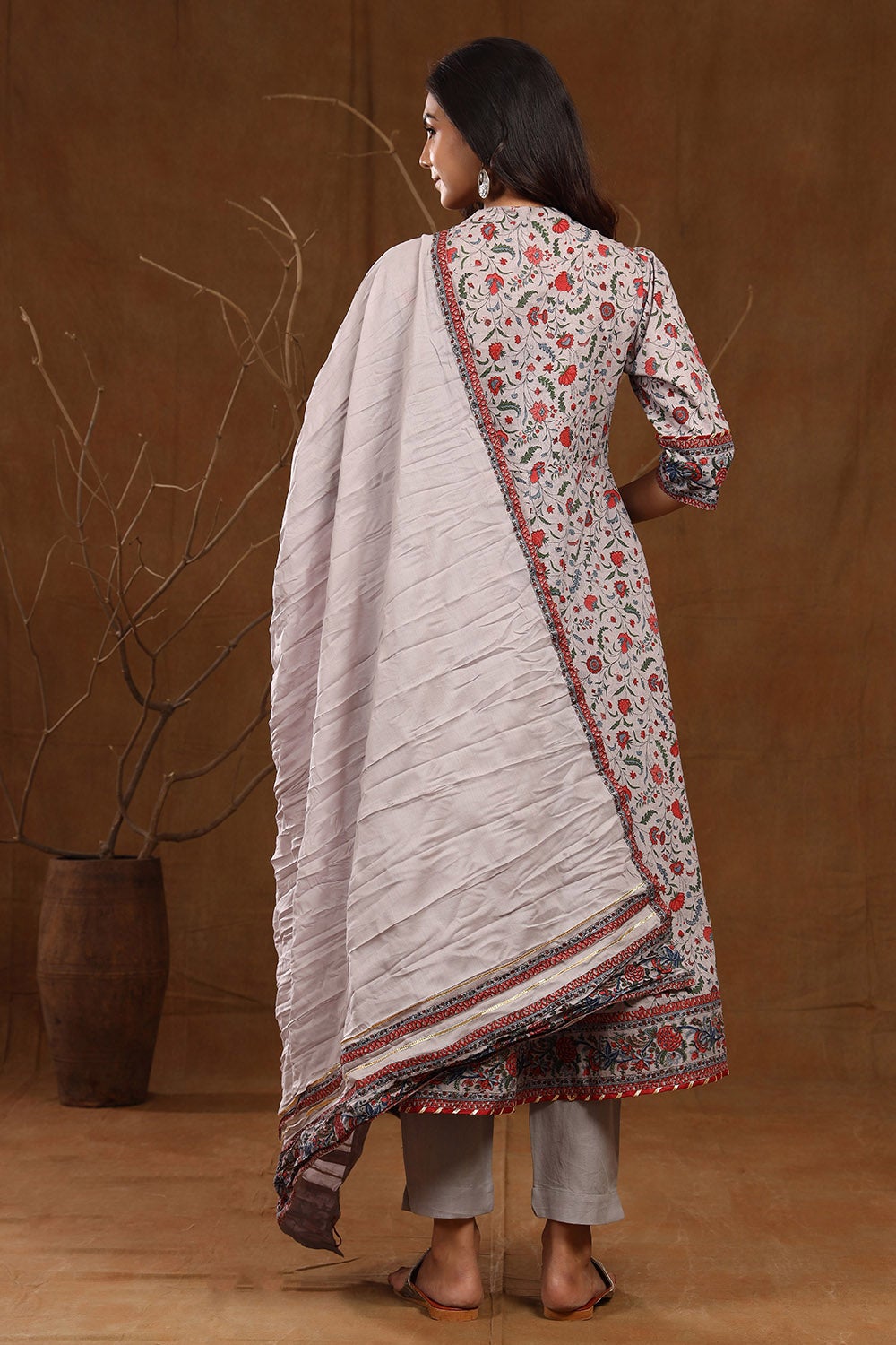 Juniper Grey Floral Printed Pure Cotton Kurta Pants & Dupatta Set With Tassels & Lace