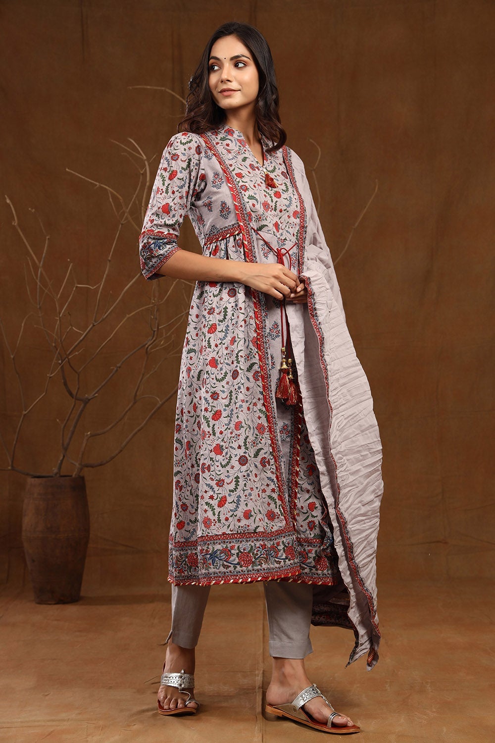 Juniper Grey Floral Printed Pure Cotton Kurta Pants & Dupatta Set With Tassels & Lace